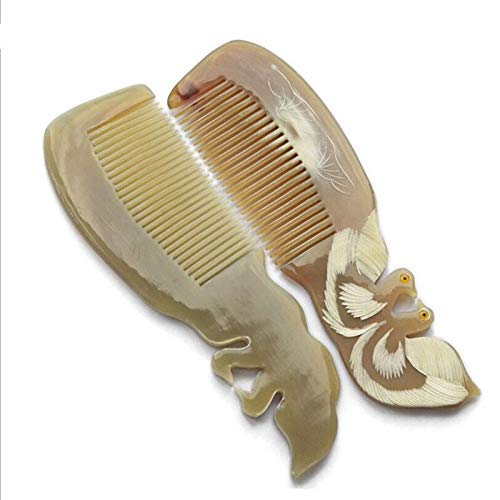 YZZSJC Natural Buffalo Horn Comb Set - 2pcs Lover Birds Design Wide Tooth Anti-Static Hair Brush for Head Massage & Hair Care | Perfect for Daily Styling, Travel & Gift Giving
