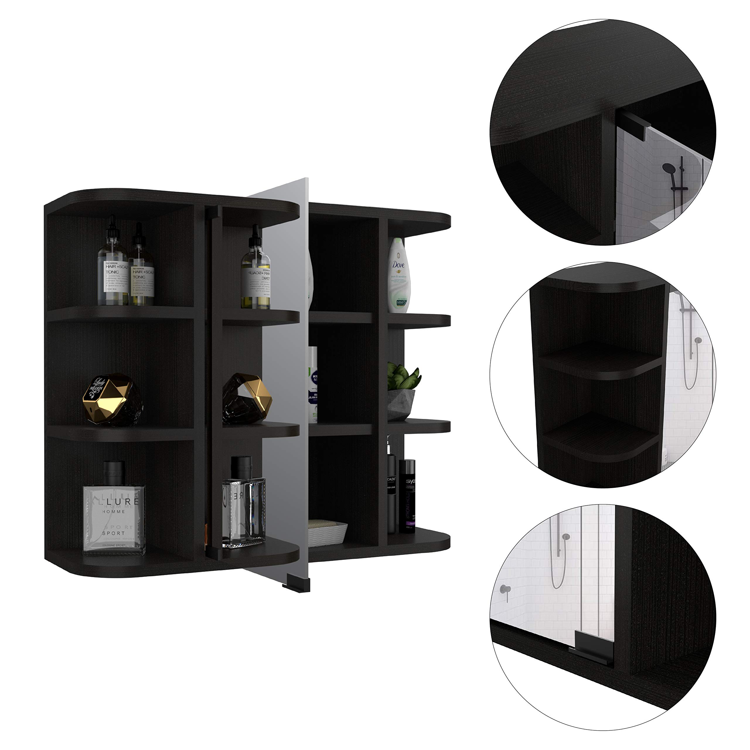 Valdez Medicine Cabinet with 6 Shelves & Mirror - 3-Tier Storage, Black Wengue Finish - Perfect for Bathroom Organization & Small Space Storage