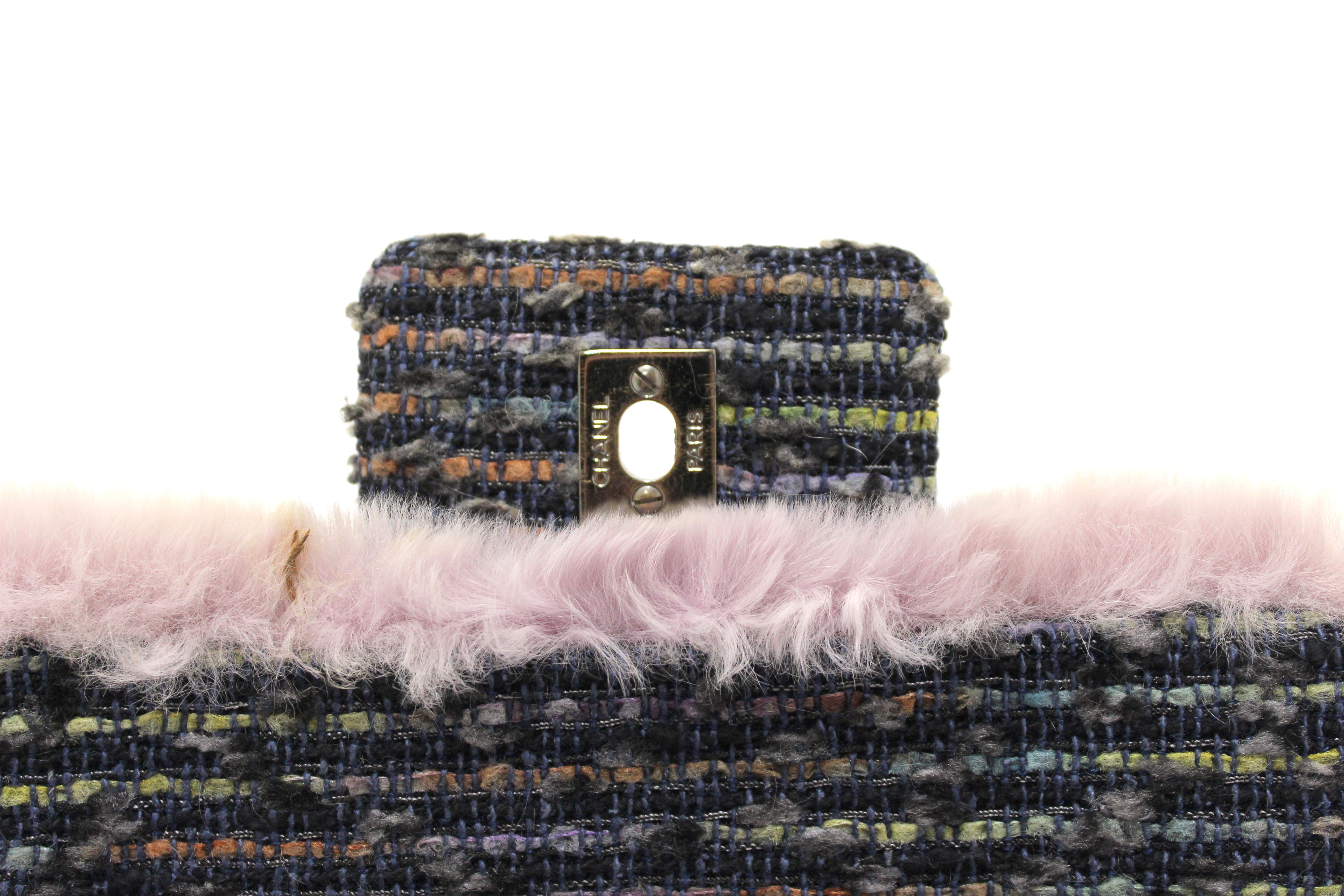 Authentic Vintage Chanel Lilac Purple Fur & Blue Tweed Flap Bag with Chain Shoulder Strap - Luxury Designer Handbag for Women, Perfect for Parties, Weddings & Special Occasions