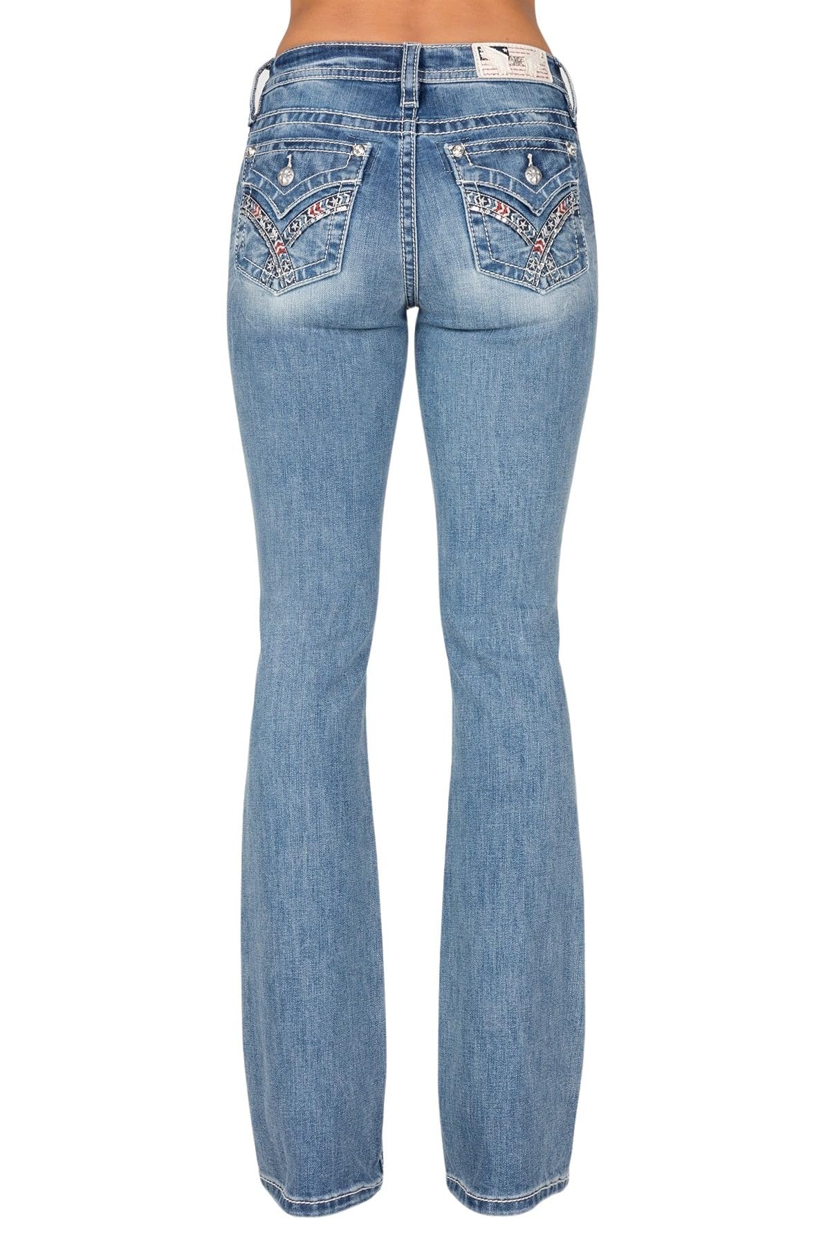 Miss Me Women's Mid-Rise Bootcut Jeans - Americana Zig Zag Design with Faux Flap Pockets, Stretch Denim for Comfort | Perfect for Casual Outfits, Date Nights & Western Style Looks