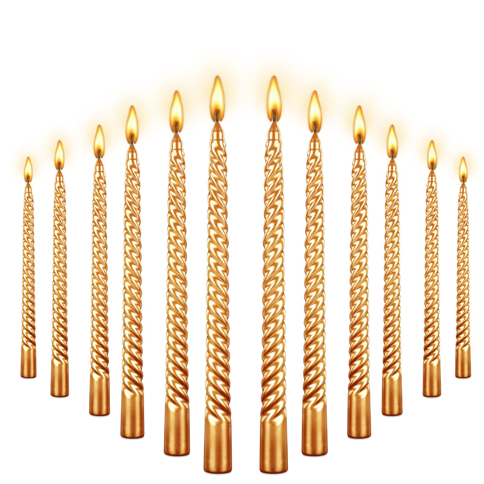 10 Inch Tall Spiral Taper Candles - Set of 12 Long-Lasting (8 Hours) Unscented, Smokeless Tapered Candles - 25cm Golden Candlesticks for Elegant Home Dinners, Romantic Weddings, Halloween Decor & Special Occasions