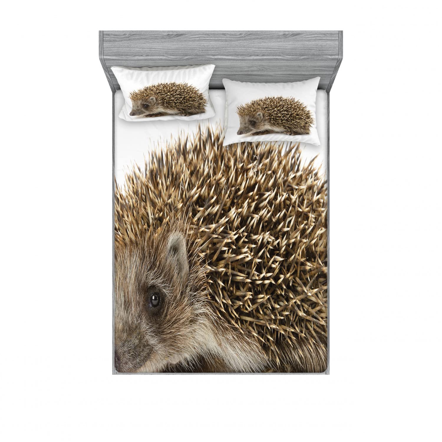 Ambesonne 2-Pack King Size Fitted Sheet & Pillow Sham Set - Hedgehog Design Small Mammal Bedding (4-Piece, Cocoa Brown) for Cozy Home Decor & Animal Lover's Bedroom