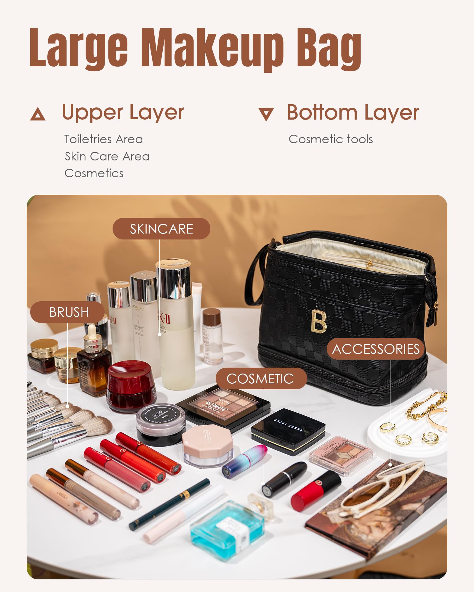 Personalized Large Makeup Bag for Women - Monogrammed Double Layer Cosmetic Organizer with Brush Holder, Waterproof PU Leather Travel Toiletry Bag - Perfect Birthday Gift, Teacher Appreciation Present (Great for Travel, Daily Makeup Storage & Gift Giving)