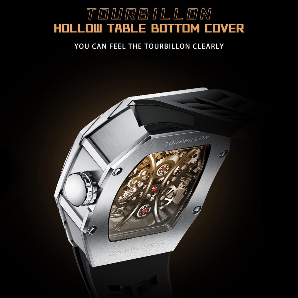 Premium AESOP Skeleton Tourbillon Watch for Men - Tonneau Mechanical Hand-Wind Wristwatch with Carbon Fiber Bezel, Stainless Steel Case & Hardlex Crystal | Waterproof, Luminous, Sporty Design with Comfortable Rubber Strap (Model 7035) - Perfect for Business Meetings, Formal Events & Luxury Fashion Statements