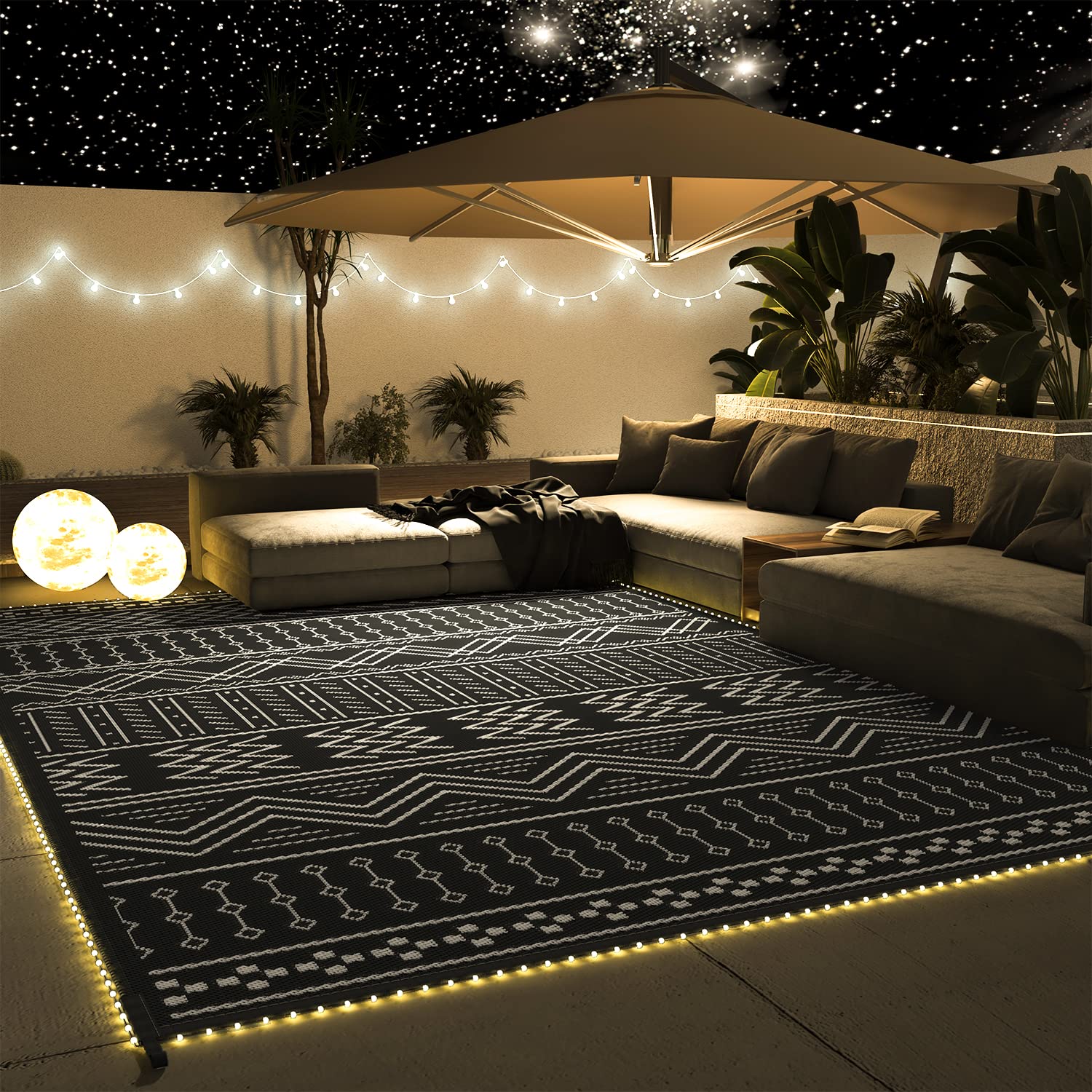 Waterproof 8x10 ft Outdoor Rug with LED Strip Lights - Reversible Lightweight Plastic Straw Patio Mat for RV, Camping, Picnic & Boho Decor | Indoor/Outside Use for Deck, Garden & Backyard
