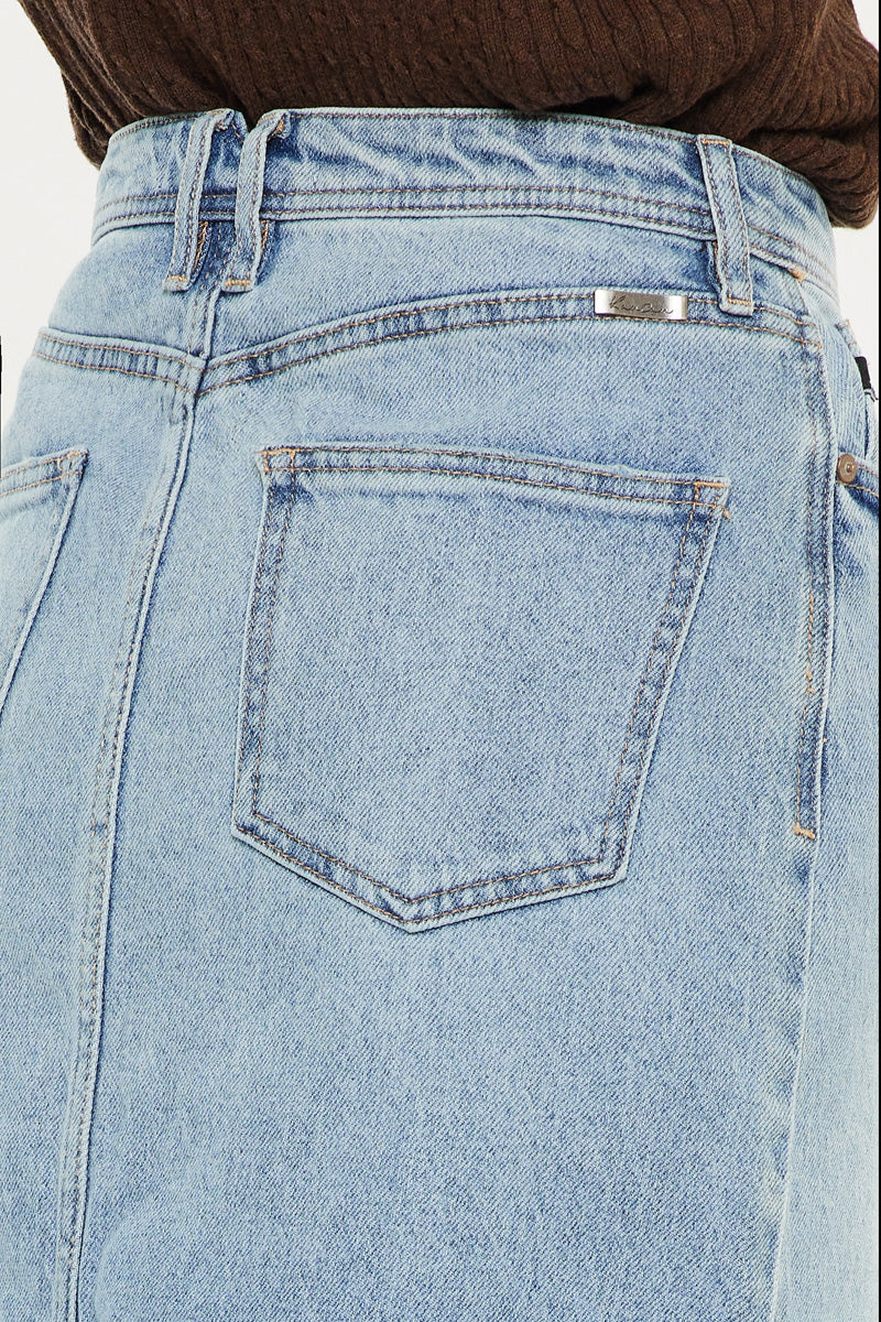Indigo High Rise Midi Skirt for Women - Stretchy A-Line Denim Skirt with Pockets | Perfect for Casual Outfits, Office Wear & Date Nights