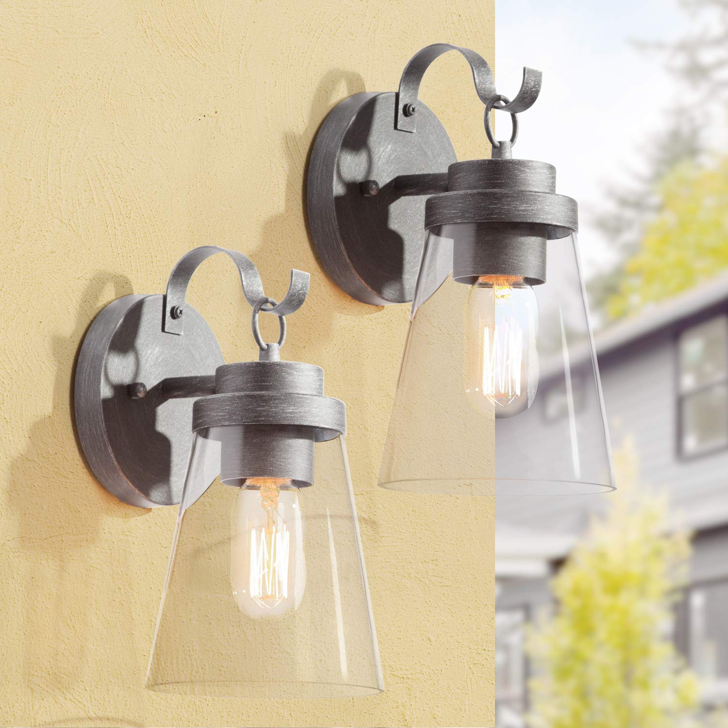 LALUZ 2 Pack Outdoor Wall Lights - Matte Antique Silver Exterior Porch Light Fixtures, Waterproof Anti-Rust Wall Mount Sconce with E26 Socket for House, Patio, Garage - Perfect for Entryway Lighting and Outdoor Ambiance