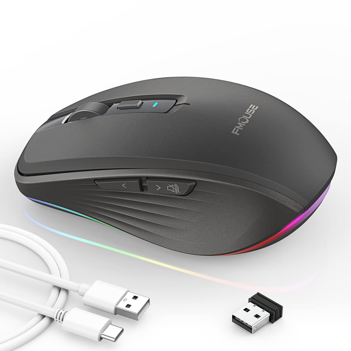 FMOUSE Rechargeable Wireless Mouse - Silent RGB Gaming Mouse with 2.4G & Bluetooth 5.1 Dual Mode, 2400 DPI, USB-C Charging, 700mAh Battery - Ergonomic Computer Mouse for PC, Laptop, Desktop (Black) - Perfect for Office Work, Gaming & Home Use