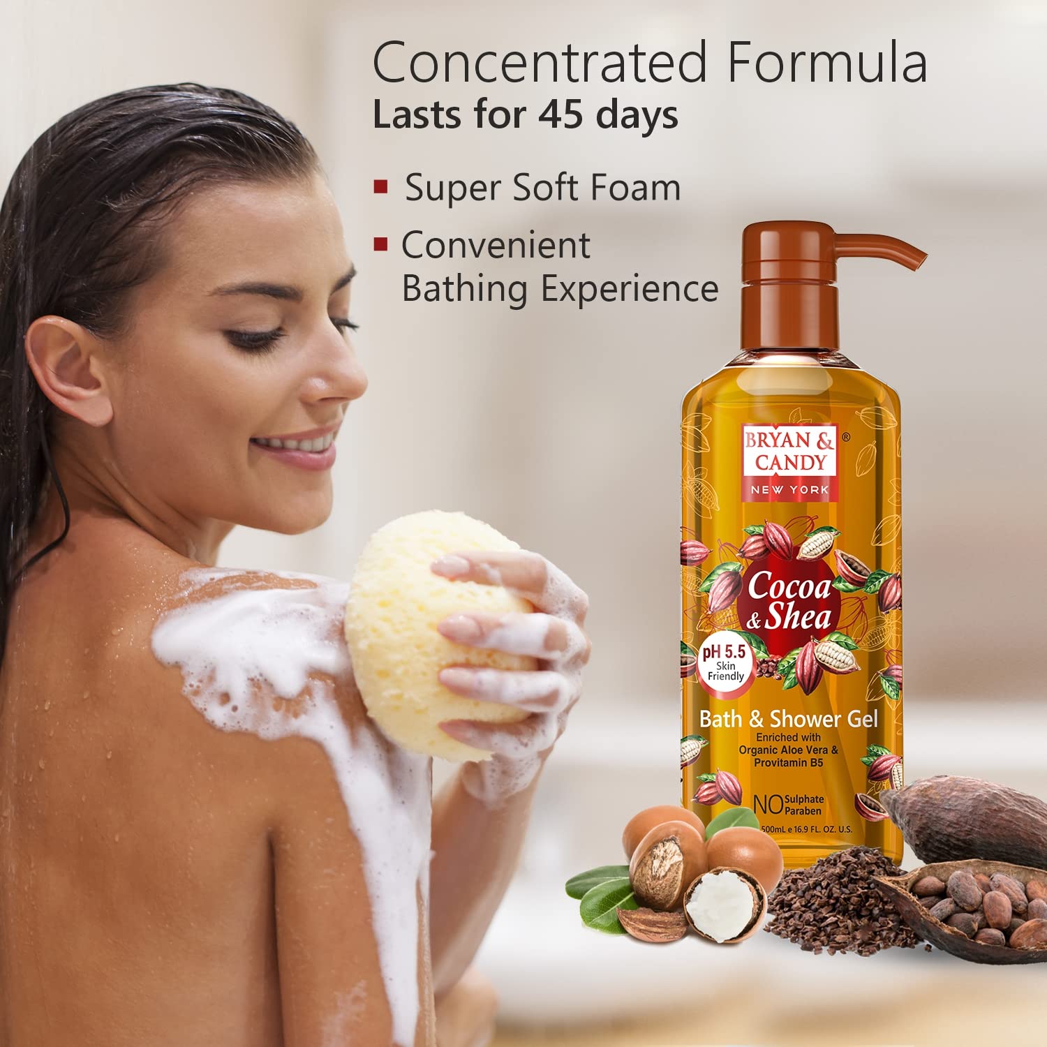 Bryan & Candy Aloe Vera Shower Gel - Gentle Moisturizing Body Wash for Soft, Supple Skin - Cocoa Shea Scented (500ml) | Perfect for Daily Hydration & Relaxing Bath Time