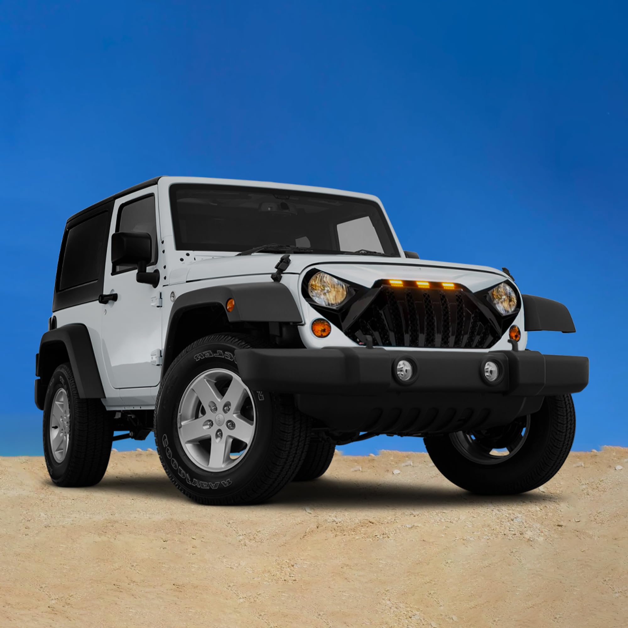 AM Heavy Duty Aggressive Goliath Grille for 2007-2018 Jeep Wrangler JK with LED Amber Running Lights - White/Black | Off-Road Upgrade & Custom Styling for Jeep Enthusiasts