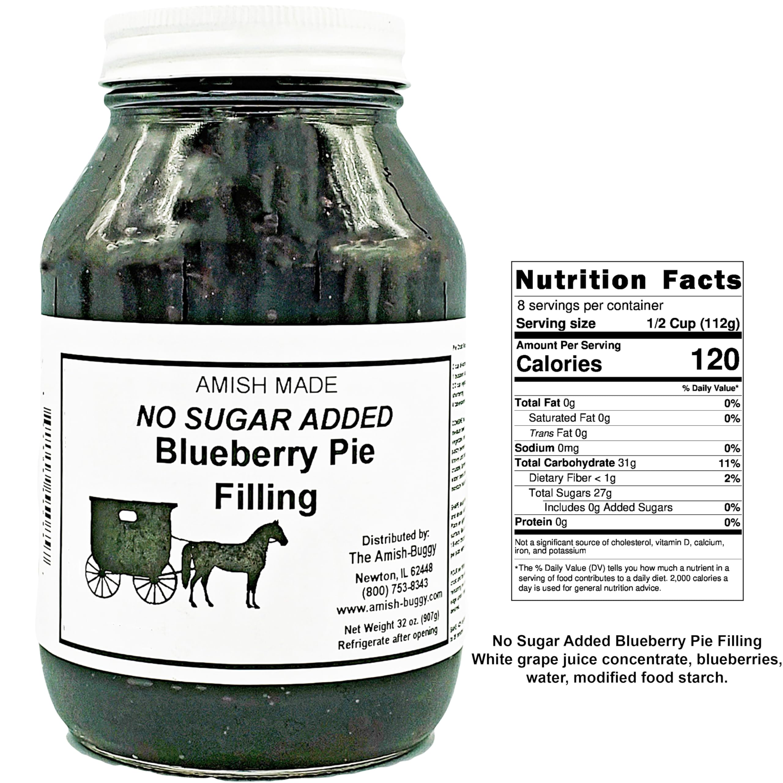 No Sugar Added Blueberry Pie Filling & Topping - 32 oz Ready-to-Use Jar for Baking, Desserts, and Breakfast Toppings | Gluten-Free & Preservative-Free