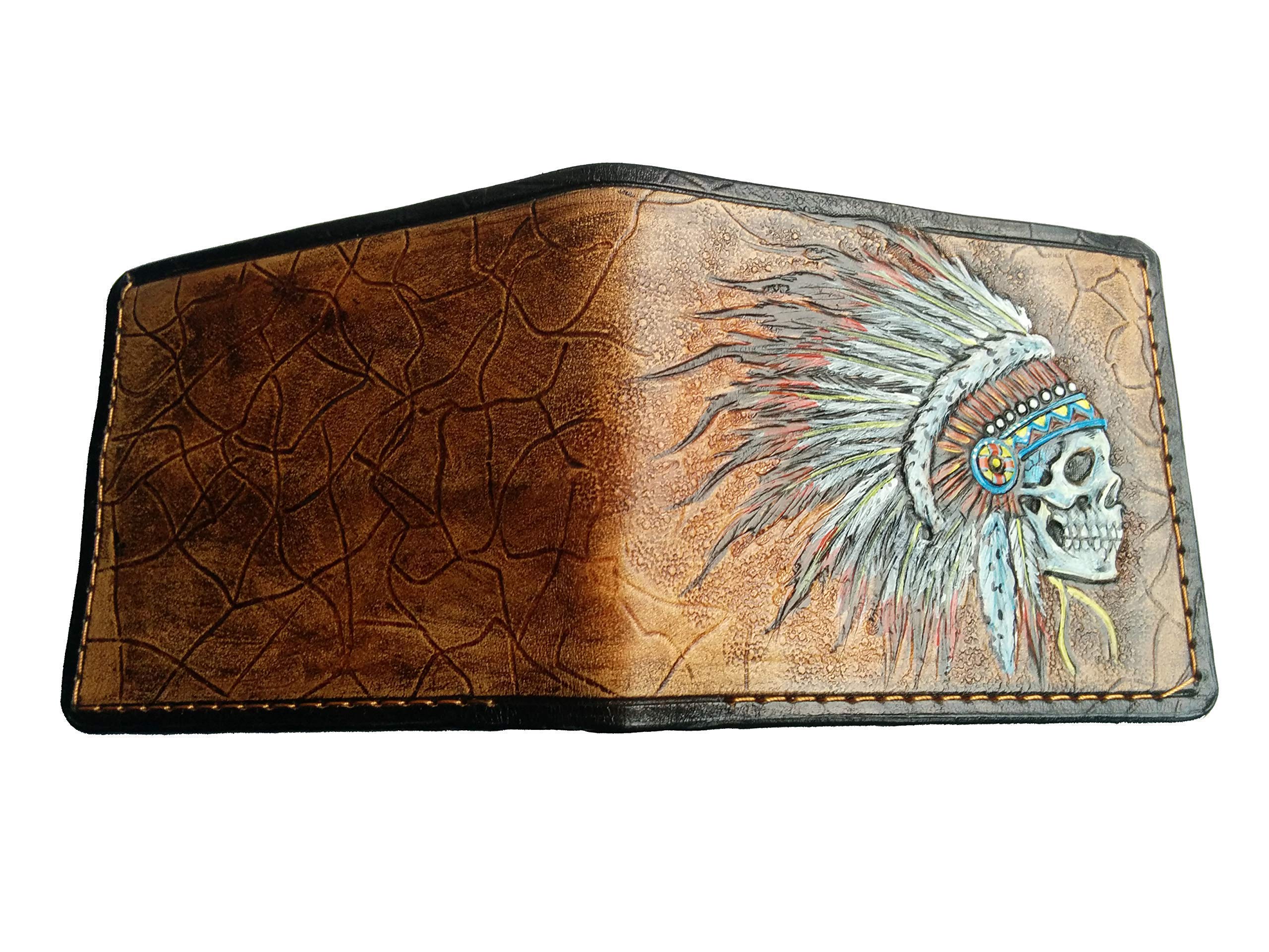 Authentic 3D Genuine Leather Bifold Wallet - Handcrafted Indian Chief Skull & Native American Apache Headdress Design - Patriotic Men's Carved & Tooled Custom Wallet - Perfect for Everyday Use & Gift Giving