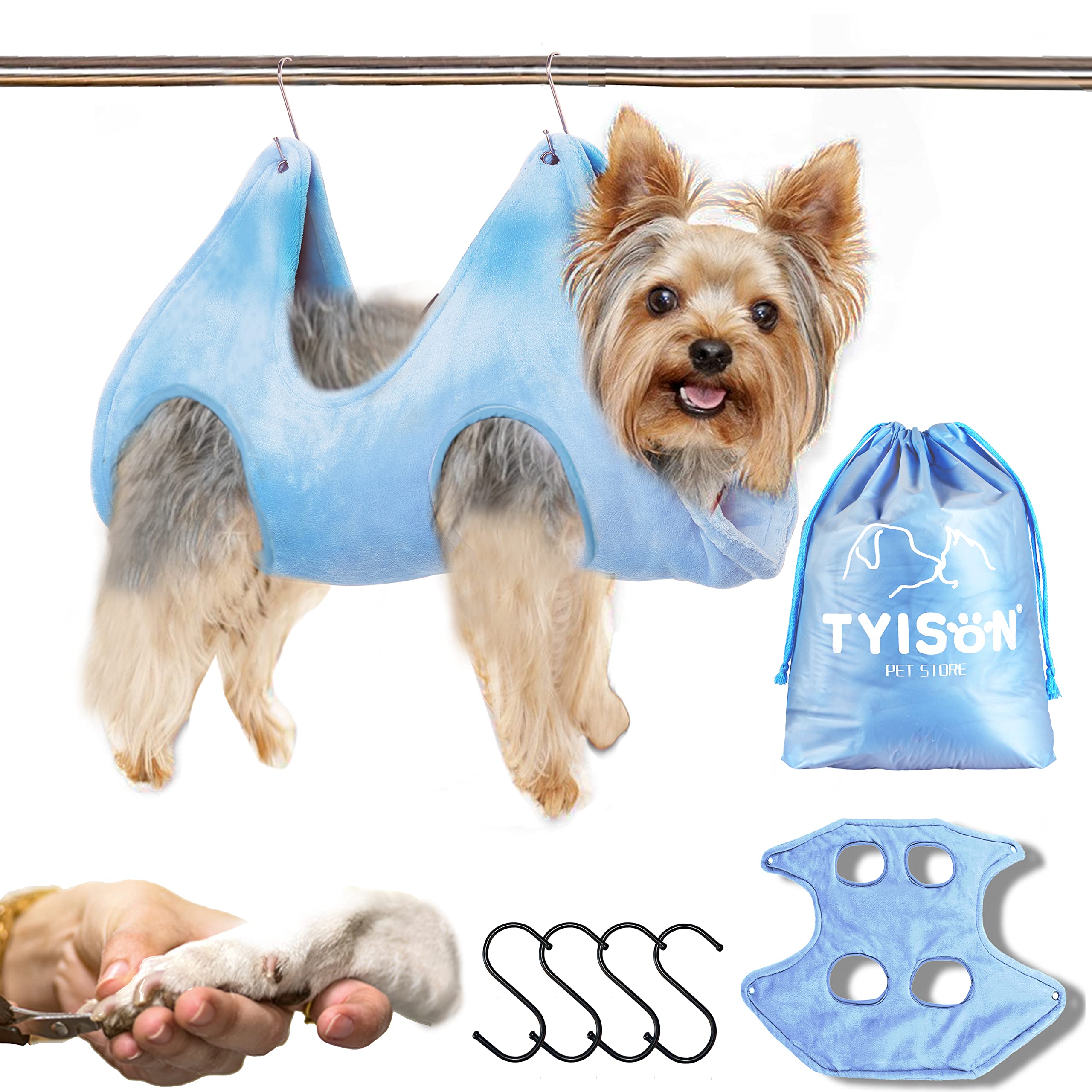 TYISON Pet Grooming Hammock - Dog Drying Towel with 4 S-Hooks, Grooming Sling & Restraint Bag for Nail Trimming, Bathing, Teeth & Ear Cleaning | Perfect for Home Pet Care & Vet Visits