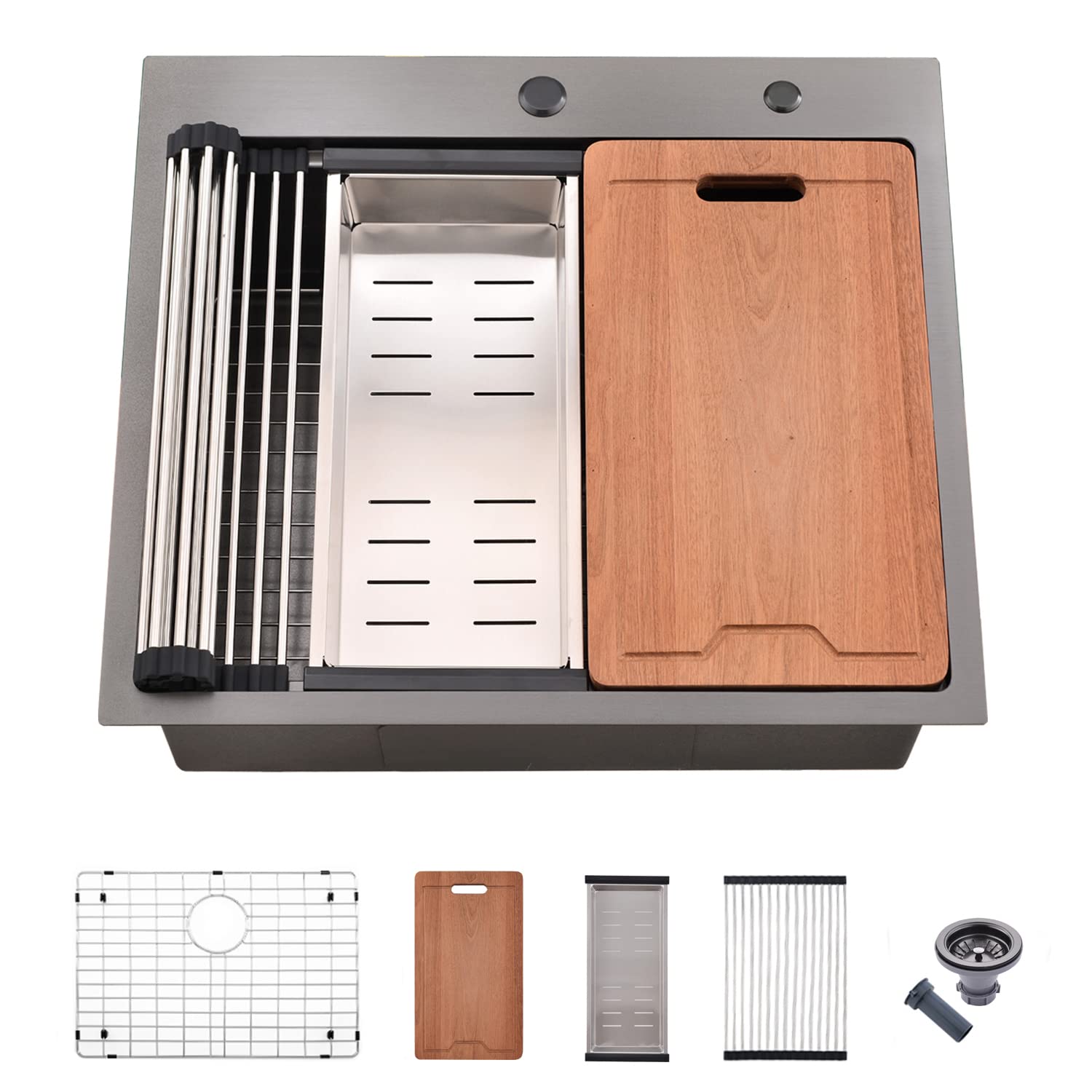 25x22-Inch Black Drop-In Kitchen Sink Workstation - VOKIM 25