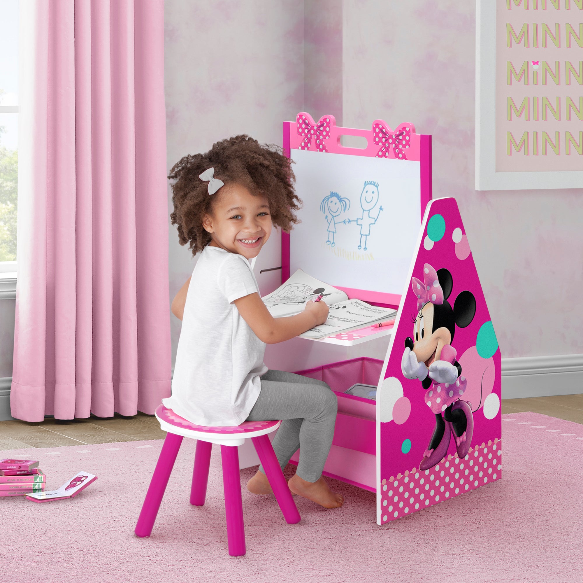 Minnie Mouse Deluxe Kids Art Table with Easel, Desk, Stool & Toy Organizer - Perfect for Creative Play, Learning & Room Organization