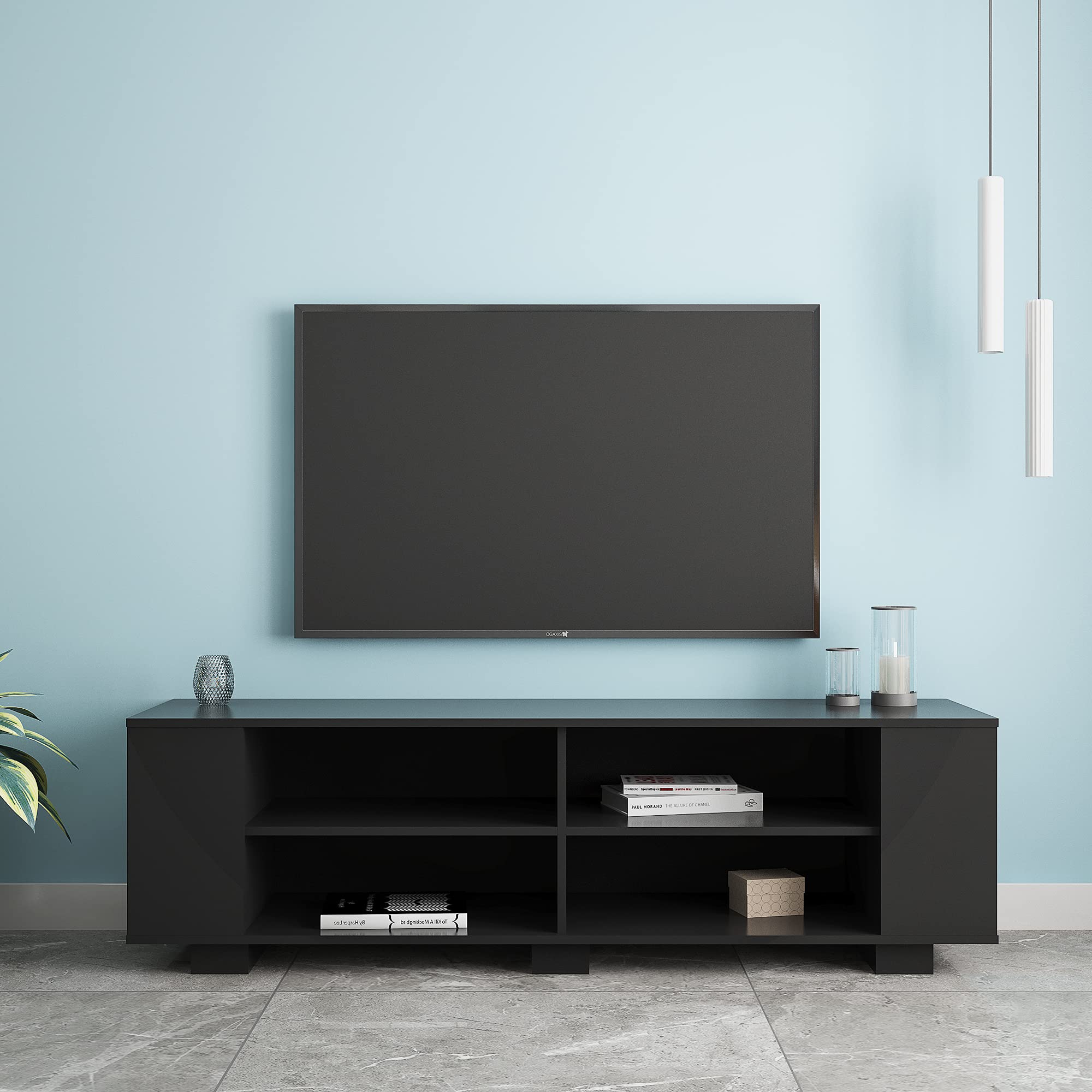 Mid-Century Modern TV Stand for 65-Inch Flat Screen TVs - Universal Entertainment Center with 8 Open Shelves, Storage Cabinet for Living Room & Bedroom - Black Particle Board Console Table - Perfect for Home Theater Setup & Media Organization