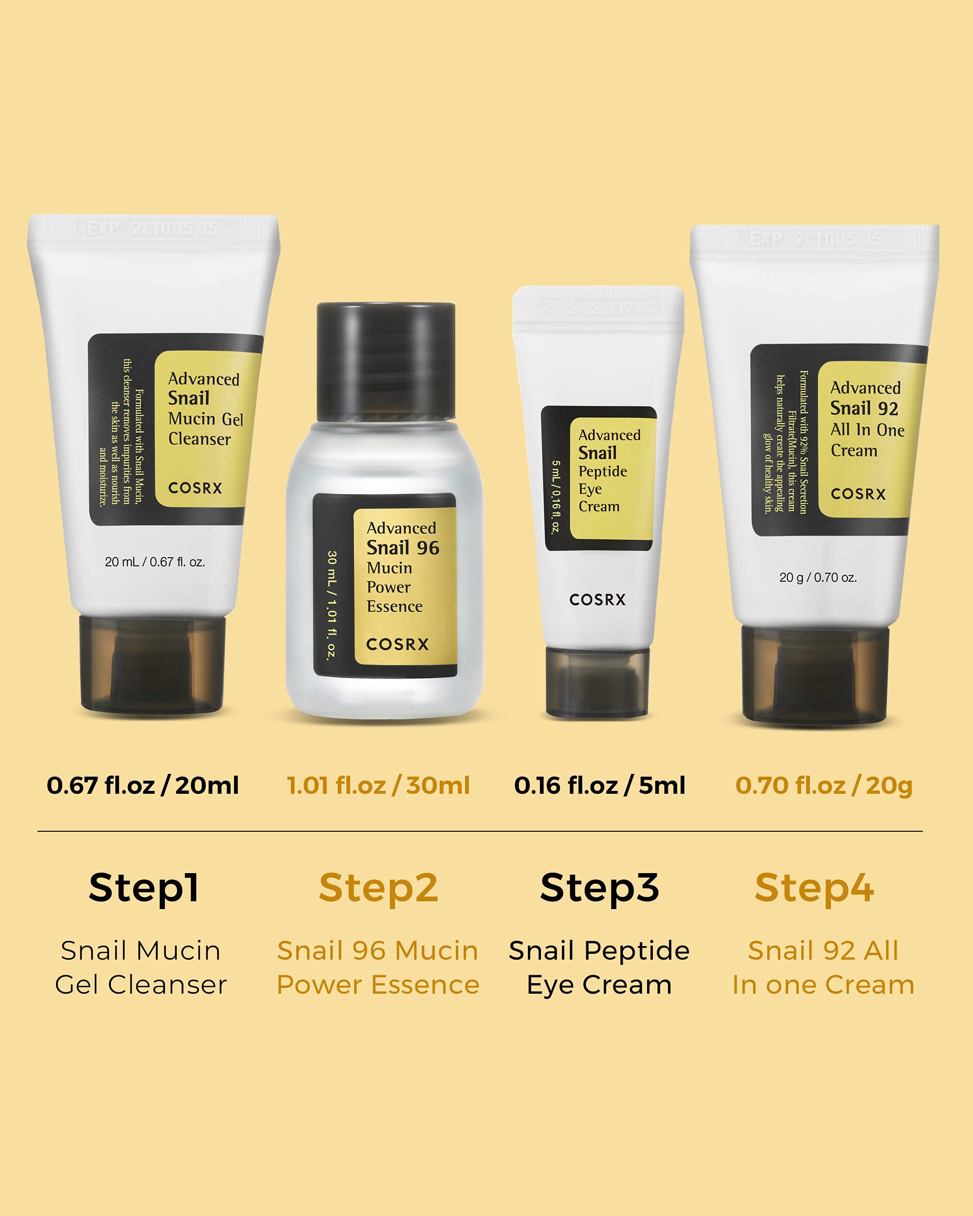 COSRX All About Snail Mucin Korean Skin Care Travel Set - Snail Mucin Face Wash, Serum, Moisturizer & Eye Cream Mini Kit | Hydrating & Anti-Aging Skincare Essentials for Travel, Daily Routine & Gift Giving