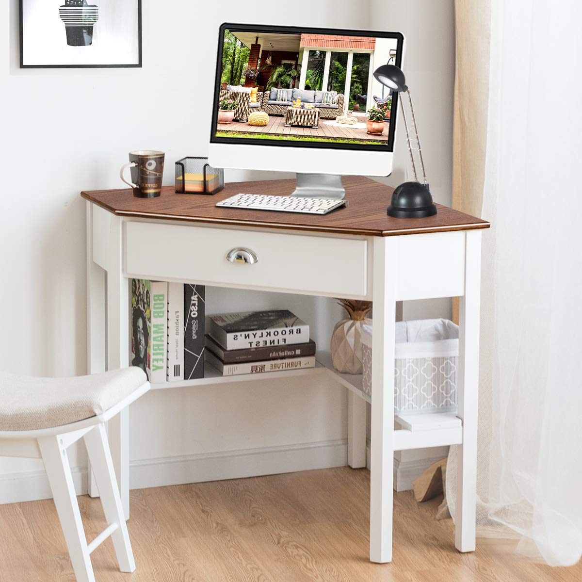 Modern Wooden Corner Desk with Drawers & Shelves - Space-Saving Triangle Computer Desk, Writing Table with Storage for Home Office, Bedroom, Small Spaces (Natural & White) - Perfect for Work, Study & Makeup Vanity