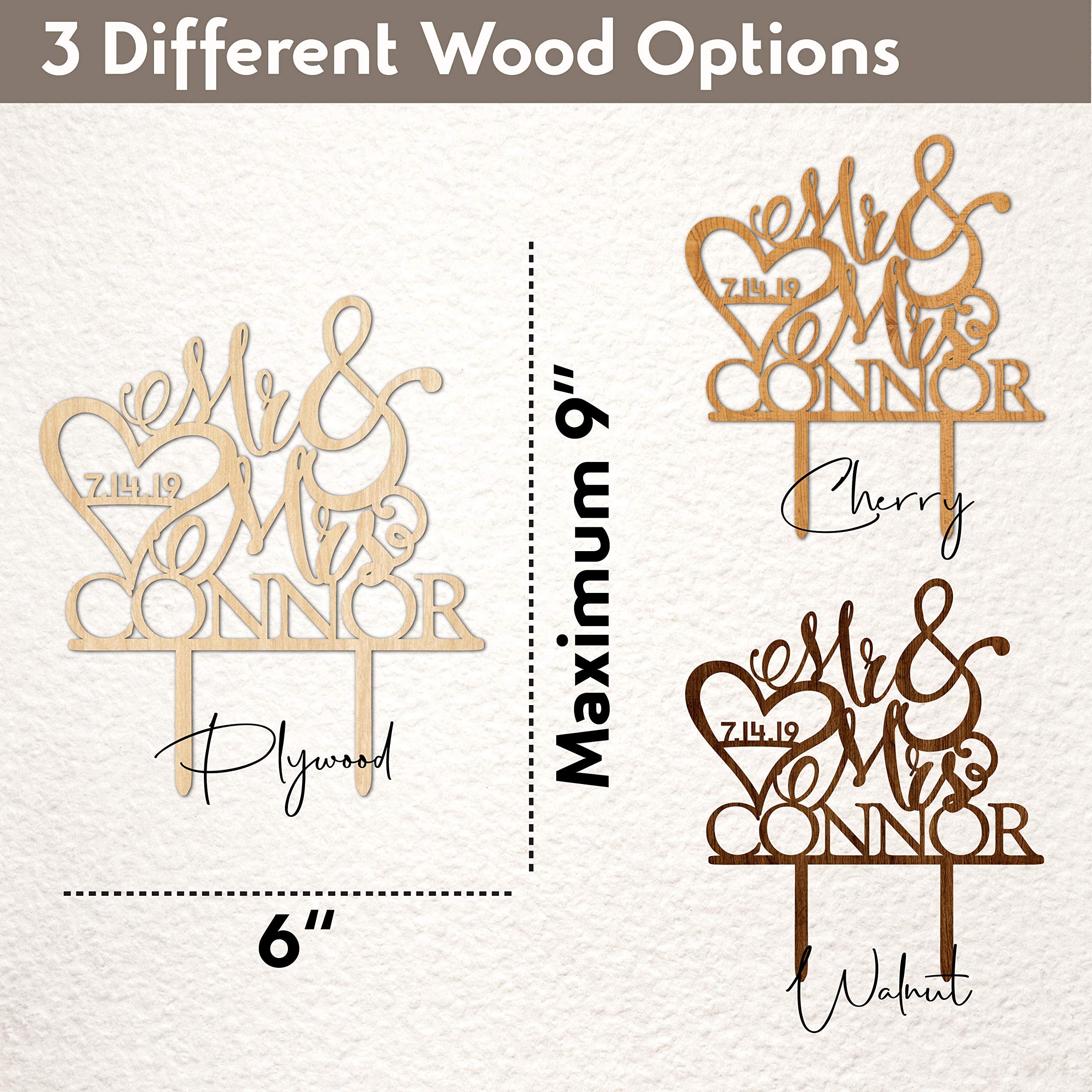 Personalized Mr & Mrs Wedding Cake Topper - Custom Wooden Cake Decorations with Last Name & Date - Bride & Groom Cake Topper for Wedding, Anniversary & Engagement Cakes | 3 Elegant Wooden Designs