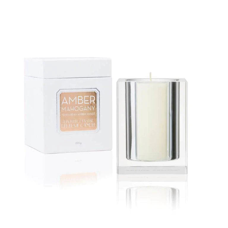 Premium Amber Mahogany Scented Candle - 220g Beveled Crystal Glass Jar by Abode Aroma - Perfect for Relaxation, Meditation, Home Decor & Romantic Ambiance