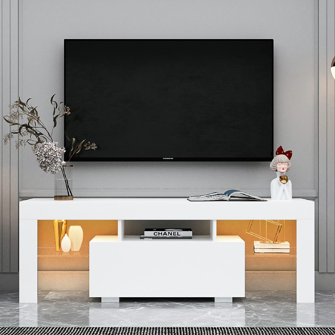 RGB LED TV Stand with Storage for Flat Screen TVs & Gaming Consoles - Modern Entertainment Center for Living Room, Bedroom & Lounge - 51.2×13.8×17.7in White MDF Cabinet - Perfect for Movie Nights & Gaming Setup