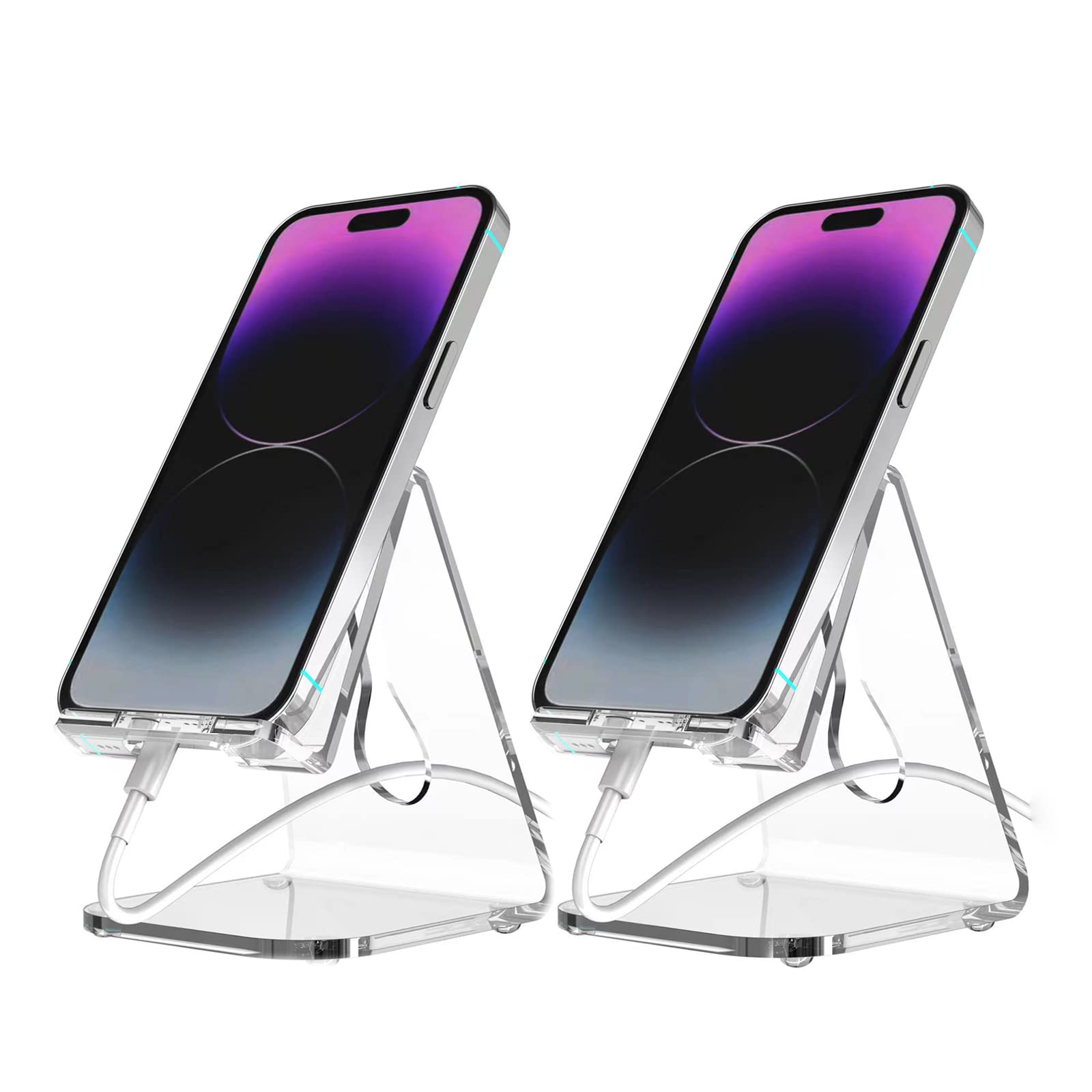 2 Pack Clear Acrylic Phone Stand for Desk - Universal Phone Holder Compatible with iPhone 13 Pro Max & Android Smartphones 4-10 Inches - Perfect Office & Home Desktop Accessory for Watching Videos & Video Calls