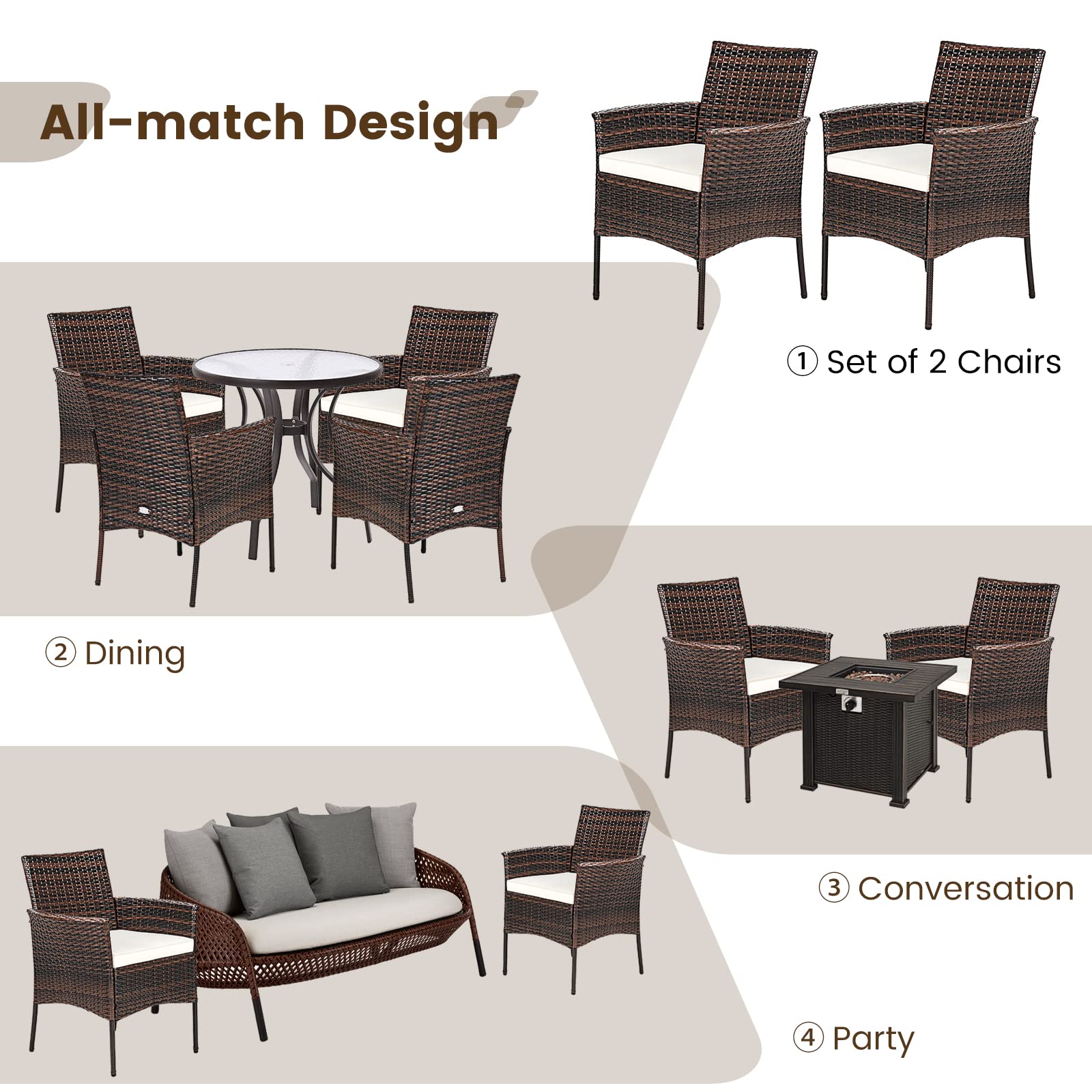RELAX4LIFE 4-Piece Wicker Patio Chairs Set - PE Rattan Armchairs with Cane Back & Seat Cushions - 360LBS Weight Capacity - Indoor/Outdoor Dining Chairs for Bistro, Porch, Poolside, Garden (Brown+Beige, 4 Pack) - Perfect for Outdoor Entertaining & Relaxation