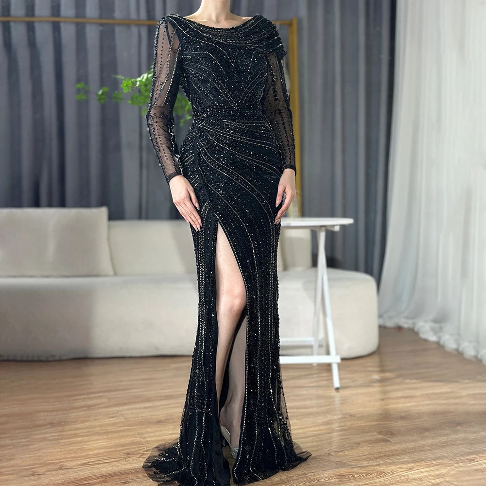 Elegant Silver Mermaid Evening Dress with High Slit & Beaded Details - Luxury Women's Party Gown for Prom, Wedding & Formal Events - Serene Hill Collection LA70752L