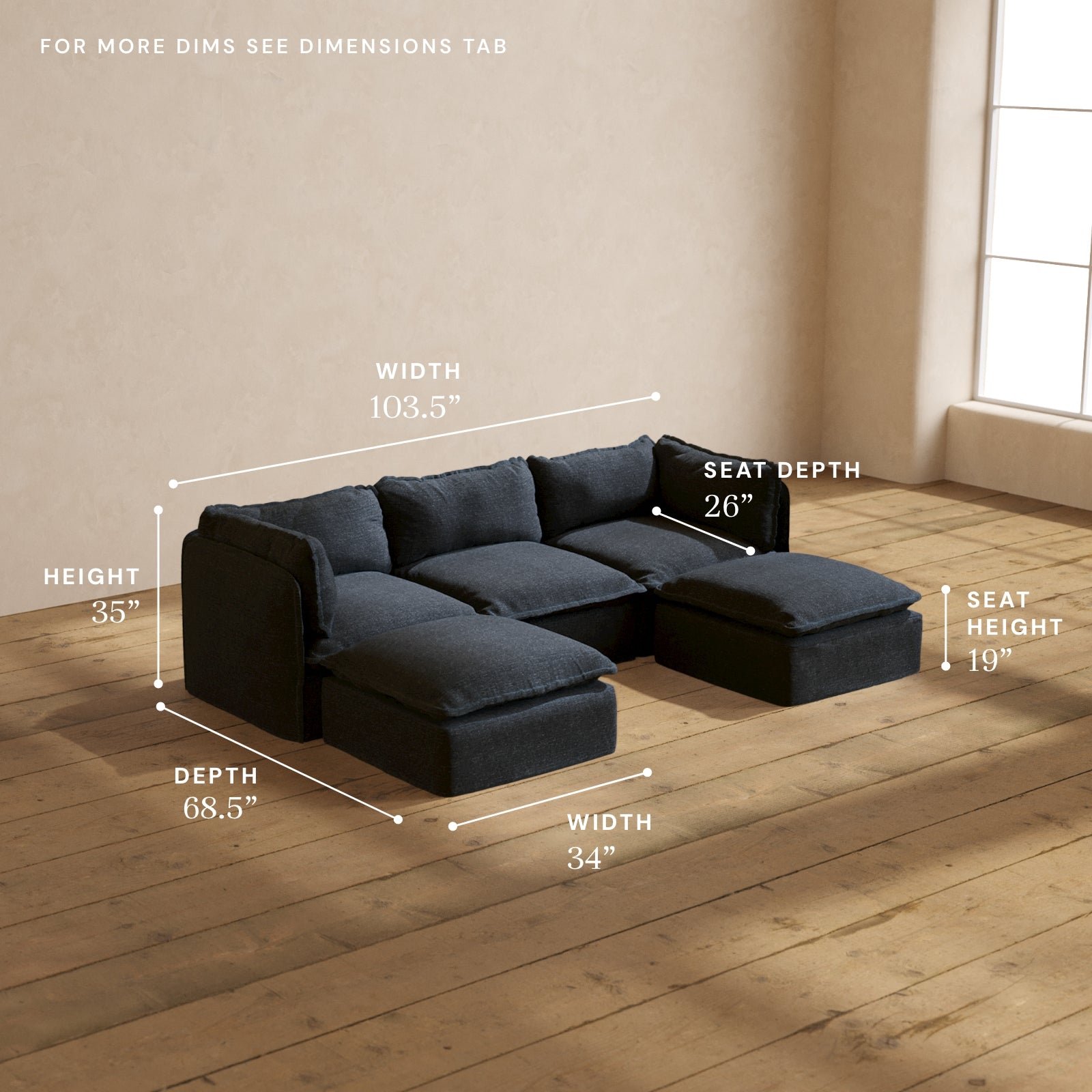 Modular Performance 3-Seater U-Shaped Sectional Sofa in Indigo Blue | Premium Relaxed Blend Fabric | Perfect for Living Rooms, Family Gatherings & Movie Nights