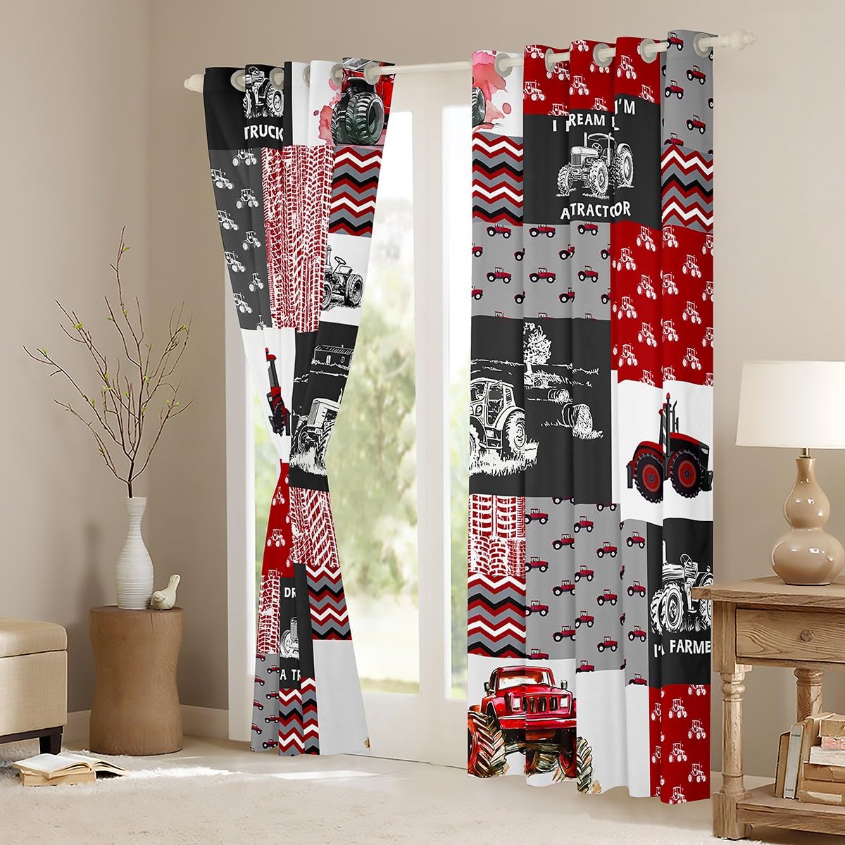 Red Tractor Curtains for Boys Room - Construction Vehicle Window Drapes 38x45