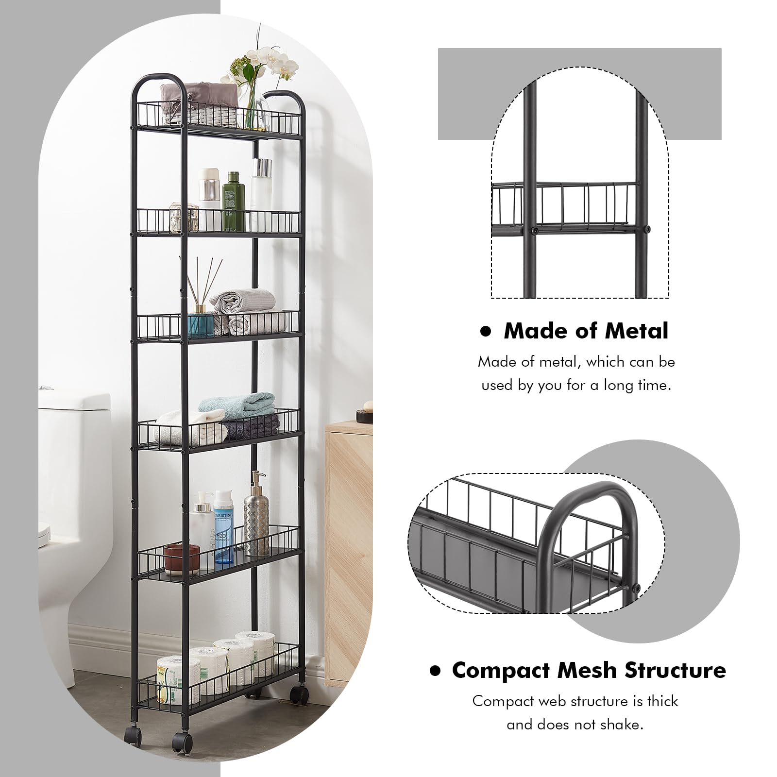 6-Tier Slim Rolling Storage Cart with Wheels - Metal Mobile Shelving Organizer for Office, Kitchen, Bathroom & Laundry Room - Space-Saving Narrow Utility Cart (6 Inches Wide) - Perfect for Small Spaces, Closet Organization & Home Storage Solutions