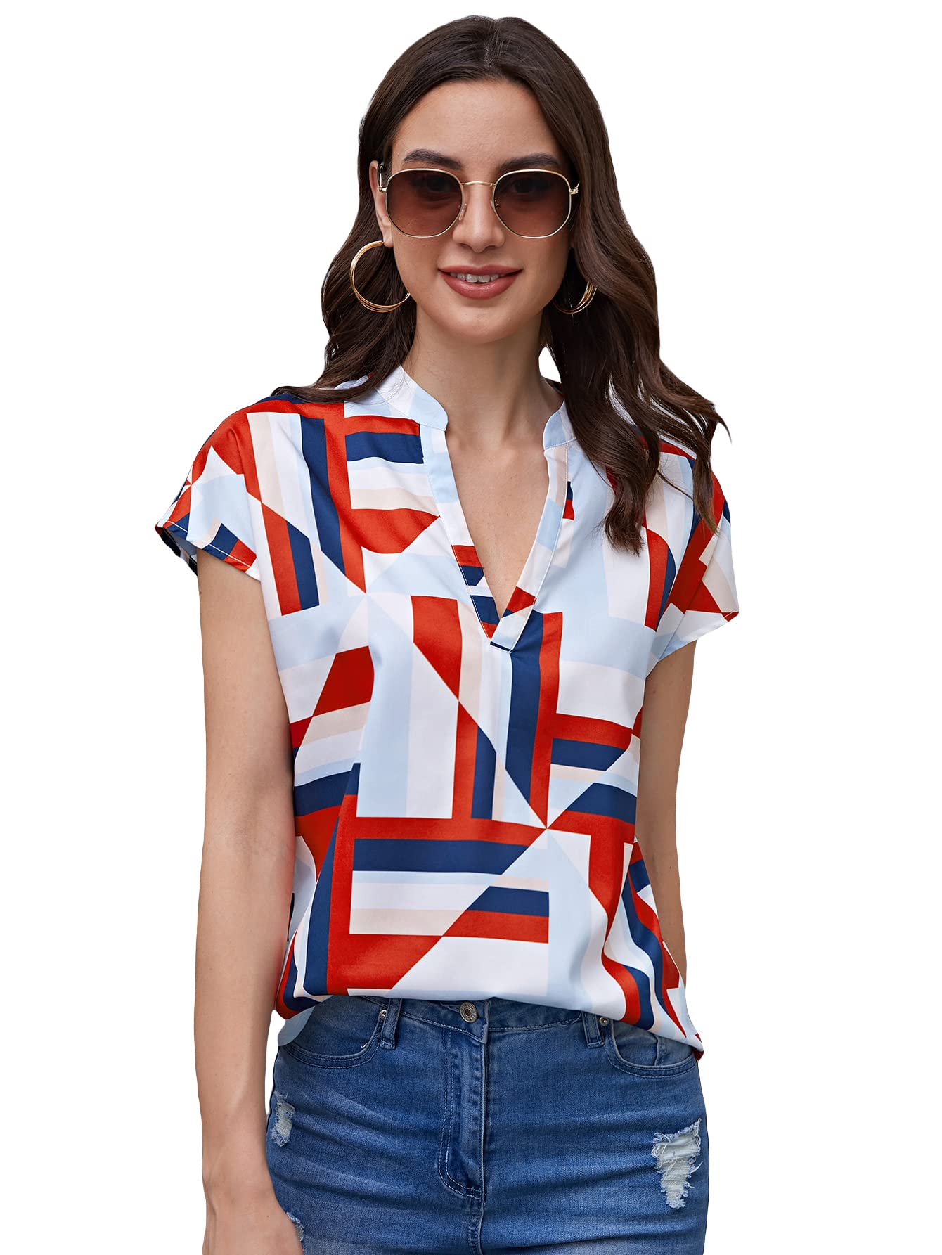 Milumia Women's Casual Geo Print Blouse - Notched Neck Dolman Sleeve Comfortable Work Top for Office, Business & Everyday Wear | Flowy Loose Fit Tunic Shirt for Spring & Summer Outfits