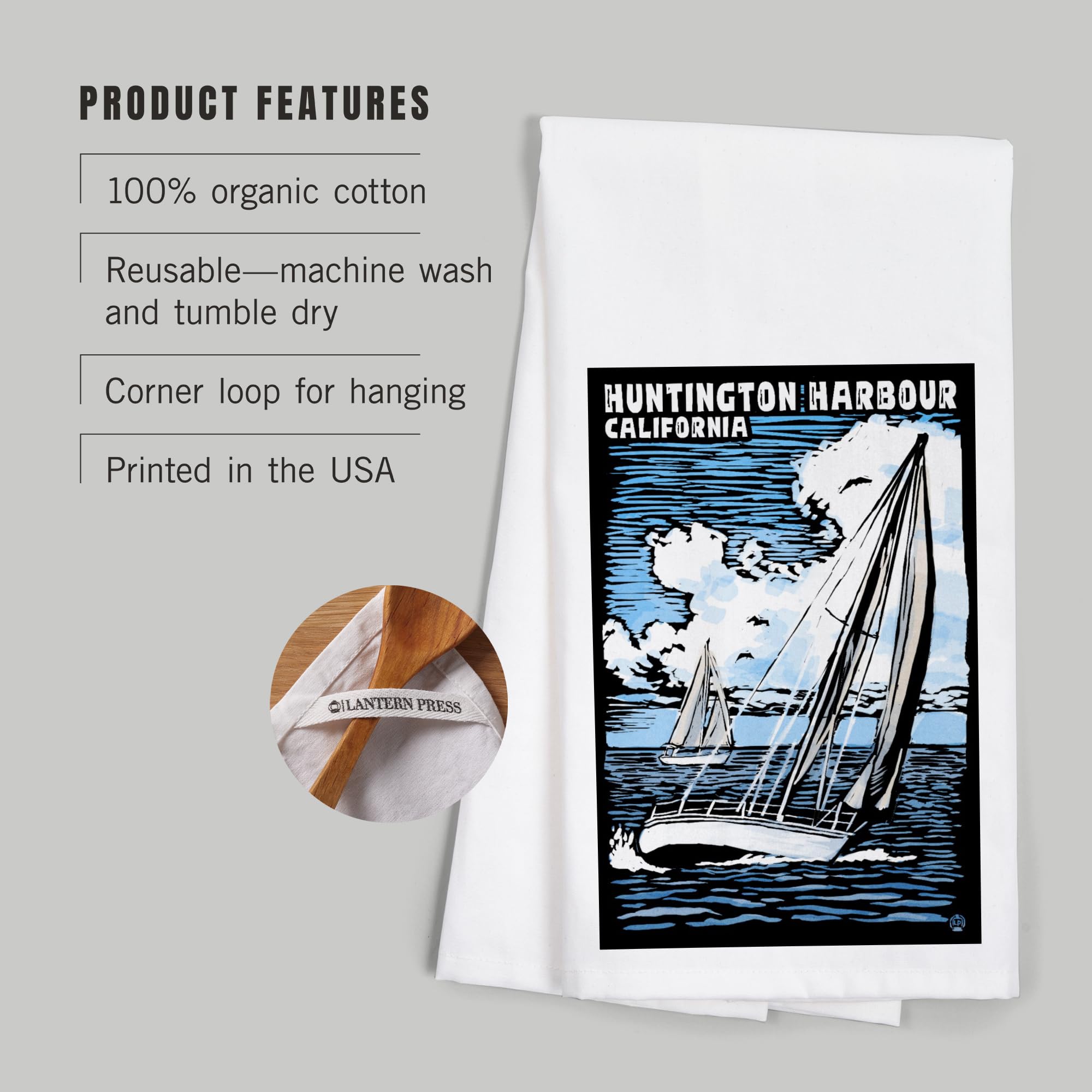 Lantern Press Huntington Harbour California Sailboat Scratchboard Tea Towel - 100% Cotton Decorative Hand Towel for Kitchen & Home - Perfect for Gifts, Dish Drying & Coastal Decor