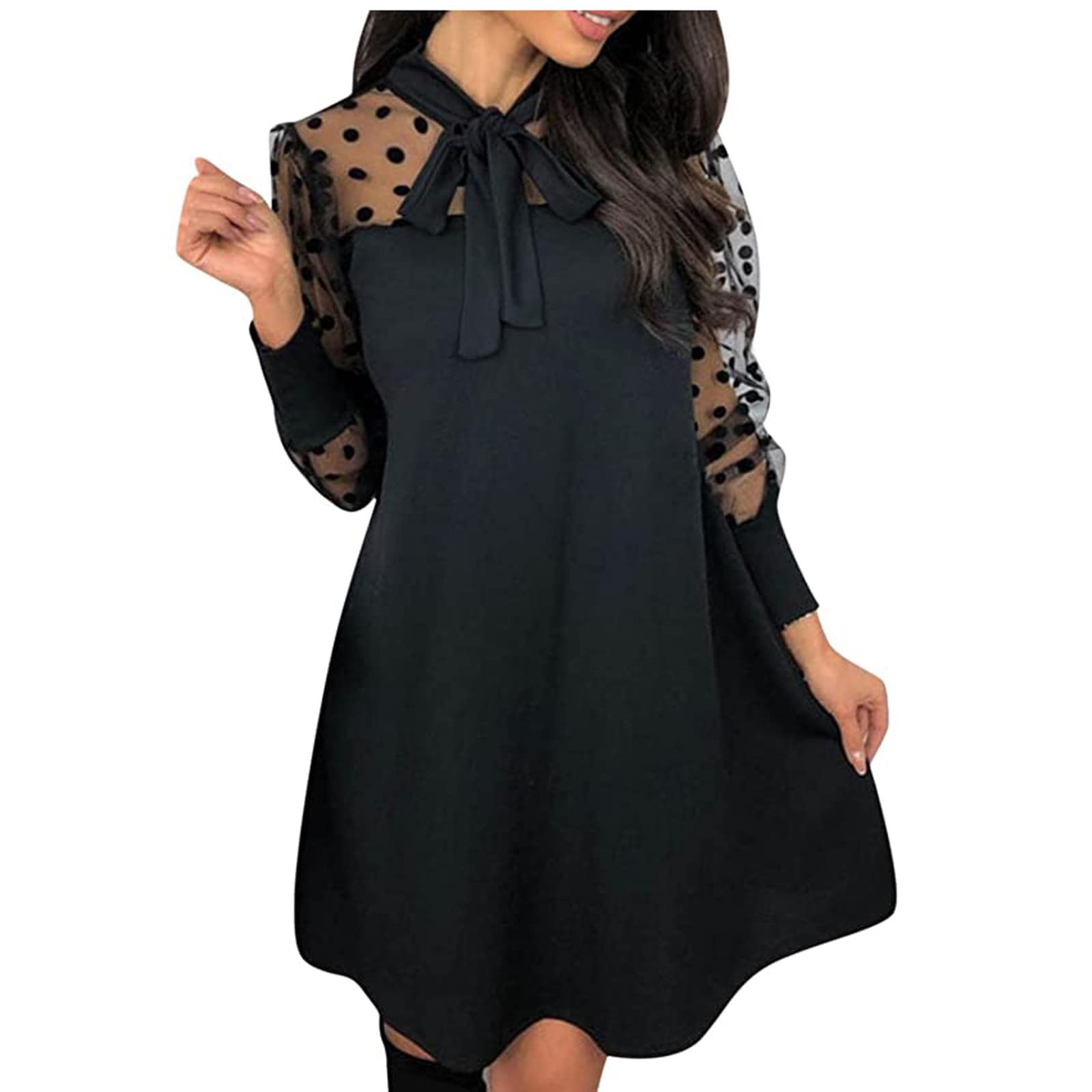 Elegant Black Bow Neck Semi-Formal Dress for Women - Mesh Shoulder Sleeve with Pom Pom Patchwork Design | Perfect for Evening Parties, Cocktail Events & Casual Outings