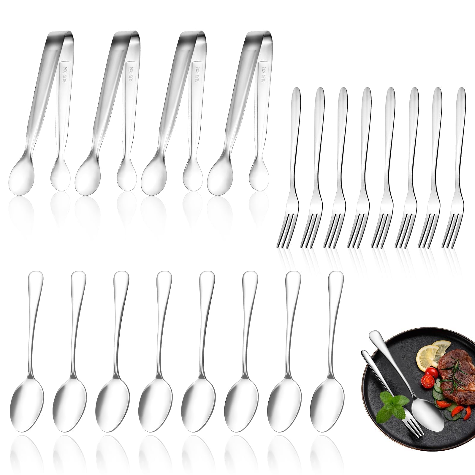 20-Piece Stainless Steel Mini Appetizer Forks, Spoons & Tongs Set - Charcuterie Board Accessories, Cocktail Sporks, Dessert Teaspoons - Perfect for Parties, Salads, Cheese Platters & Wedding Receptions