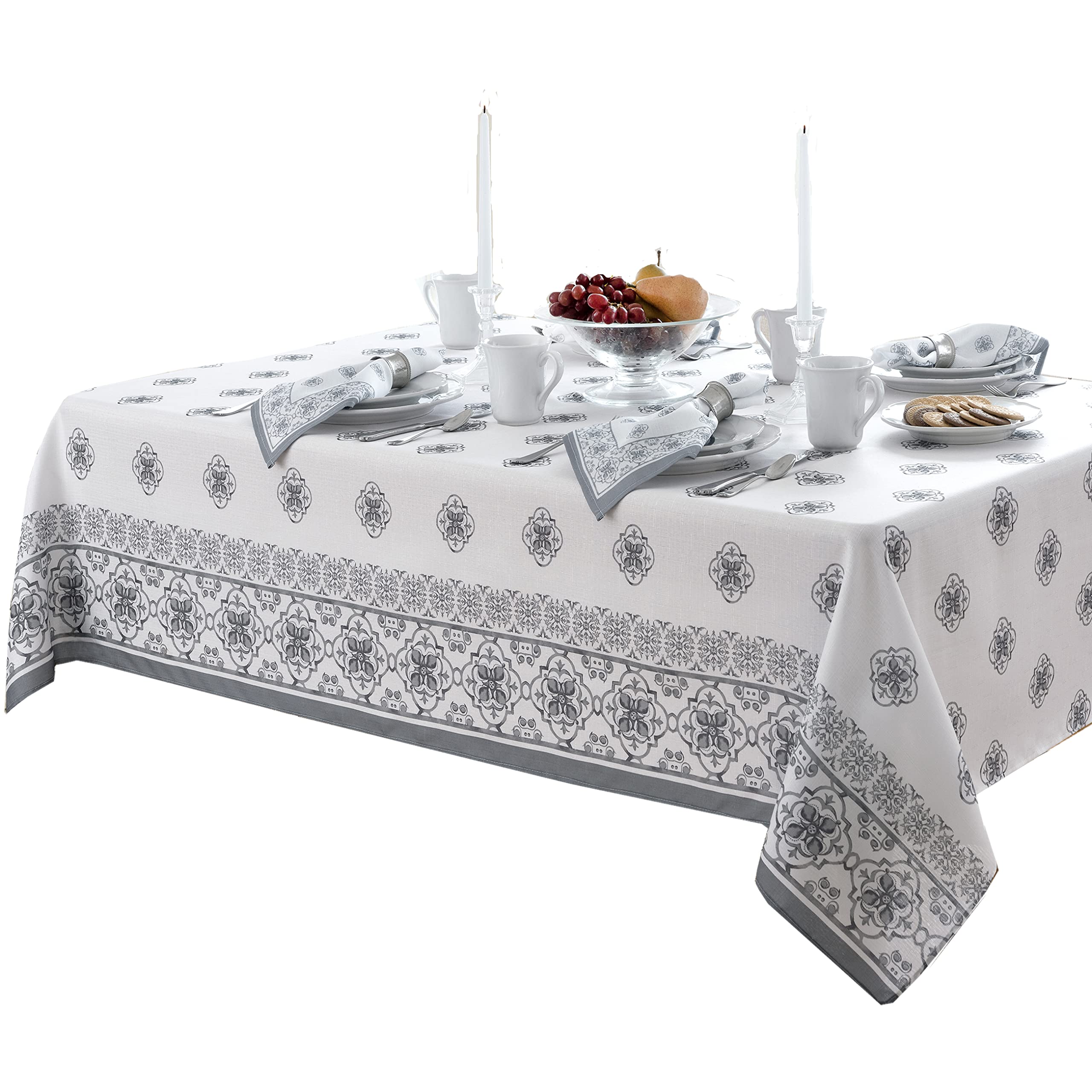 Premium Newbridge Rectangle Fabric Placemats Set of 4 - Mykonos Grey Mediterranean Style, Stain Resistant & Wrinkle-Free for Indoor & Outdoor Use - Perfect for Dining Table, Patio, and Entertaining