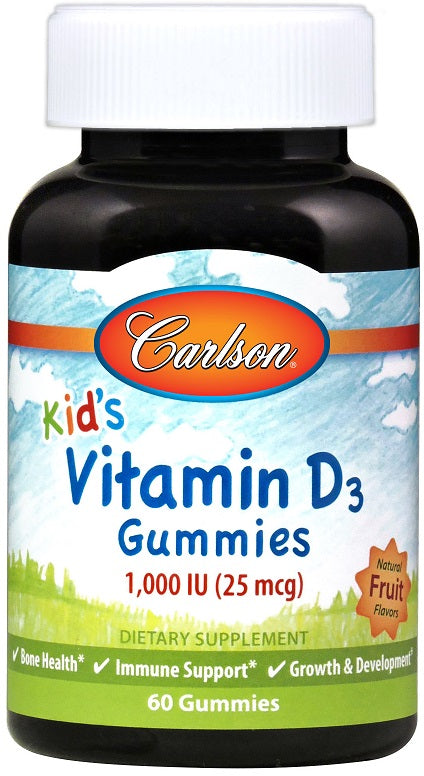 Carlson Labs Kids Vitamin D3 Gummies 1000 IU - Natural Fruit Flavor - 60 Chewable Gummies for Immune Support & Bone Health - Perfect for Picky Eaters & Daily Nutrition