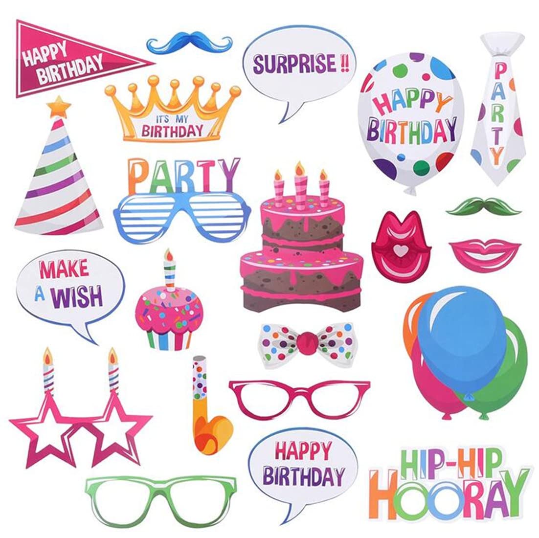 SamHeng 22-Piece Birthday Party Photobooth Props Kit - Happy Birthday Decorations for Girls & Boys Party Supplies - Ready-to-Use Party Favors for Birthdays, Baby Showers & Celebrations