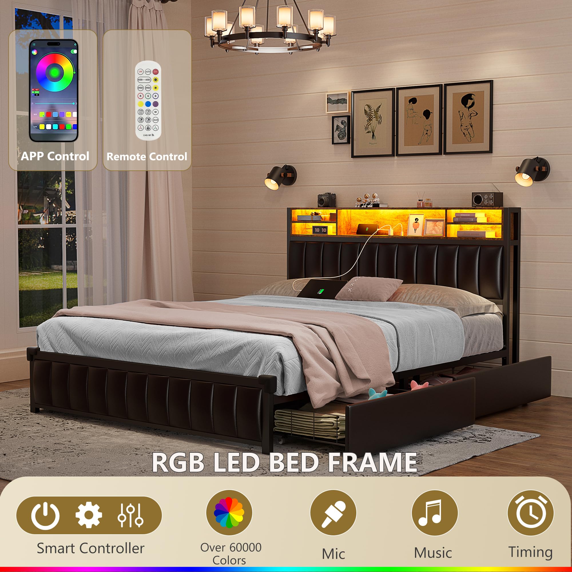Alohappy Queen Size Upholstered Platform Bed Frame with 4 Storage Drawers, Bookcase Headboard, USB-C/USB Charging Station & LED Lights - No Box Spring Needed - Modern Black Bedroom Furniture for Small Spaces & Studio Apartments