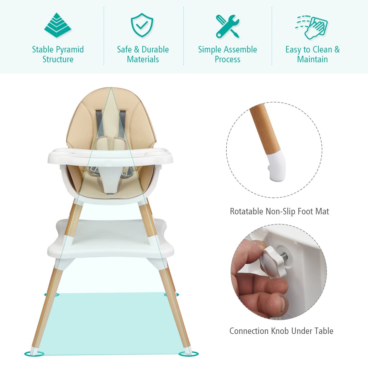 INFANS 5-in-1 Convertible Baby High Chair with 5-Point Safety Harness | Detachable Tray & Wipeable Cushion | Transforms to Toddler Table & Chair Set | Wooden Booster Seat for Infants & Kids (Khaki) | Perfect for Dining, Feeding & Playtime