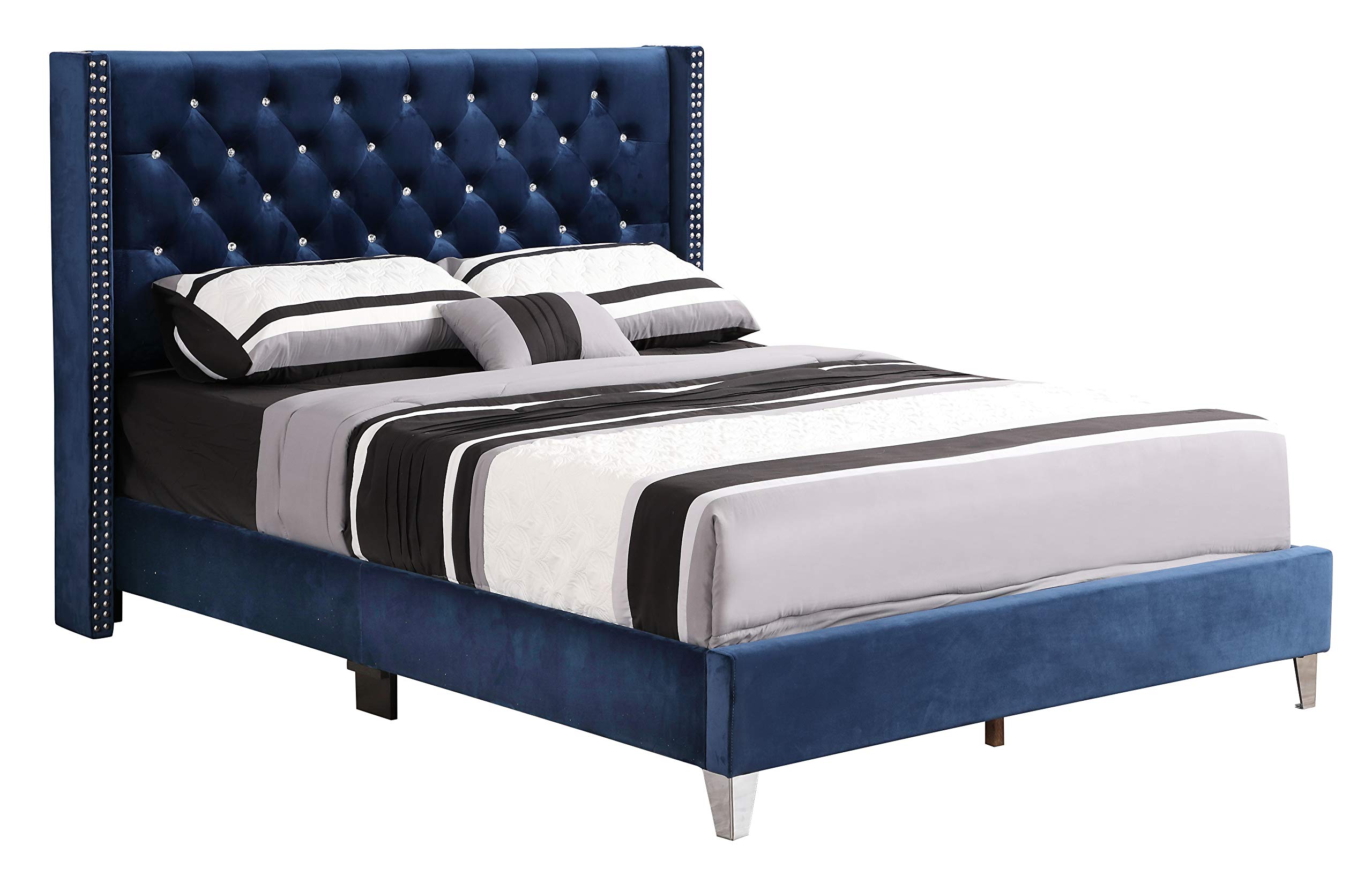 Glory Furniture Upholstered Queen Size Bed Frame - Navy Blue Fabric Headboard | Modern Bedroom Furniture for Master & Guest Rooms