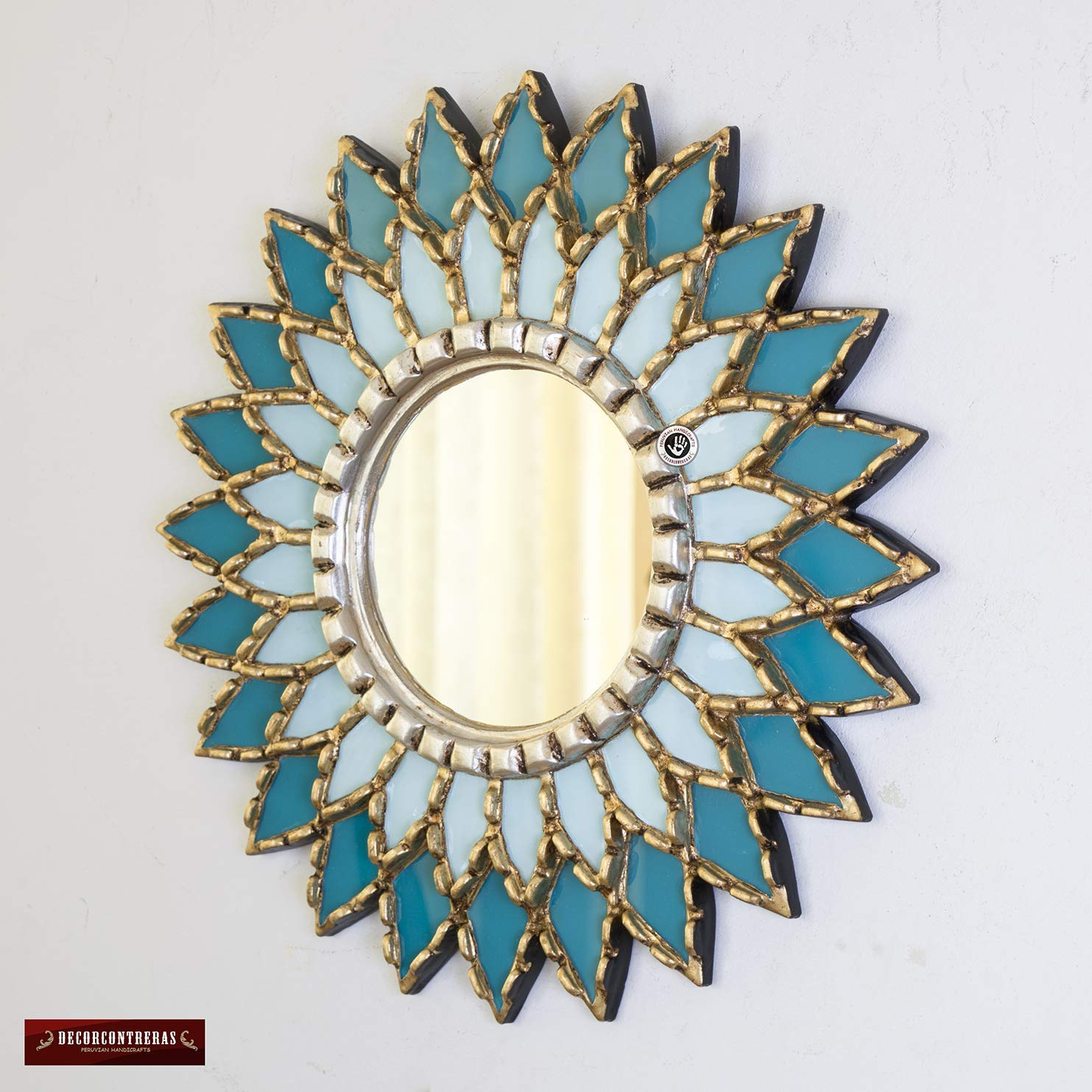 Handmade Turquoise Round Hanging Mirror - Boho Wall Decor with Peruvian Mandala Design for Living Room, Bedroom & Entryway | Unique Home Accent & Wall Art Gift Idea