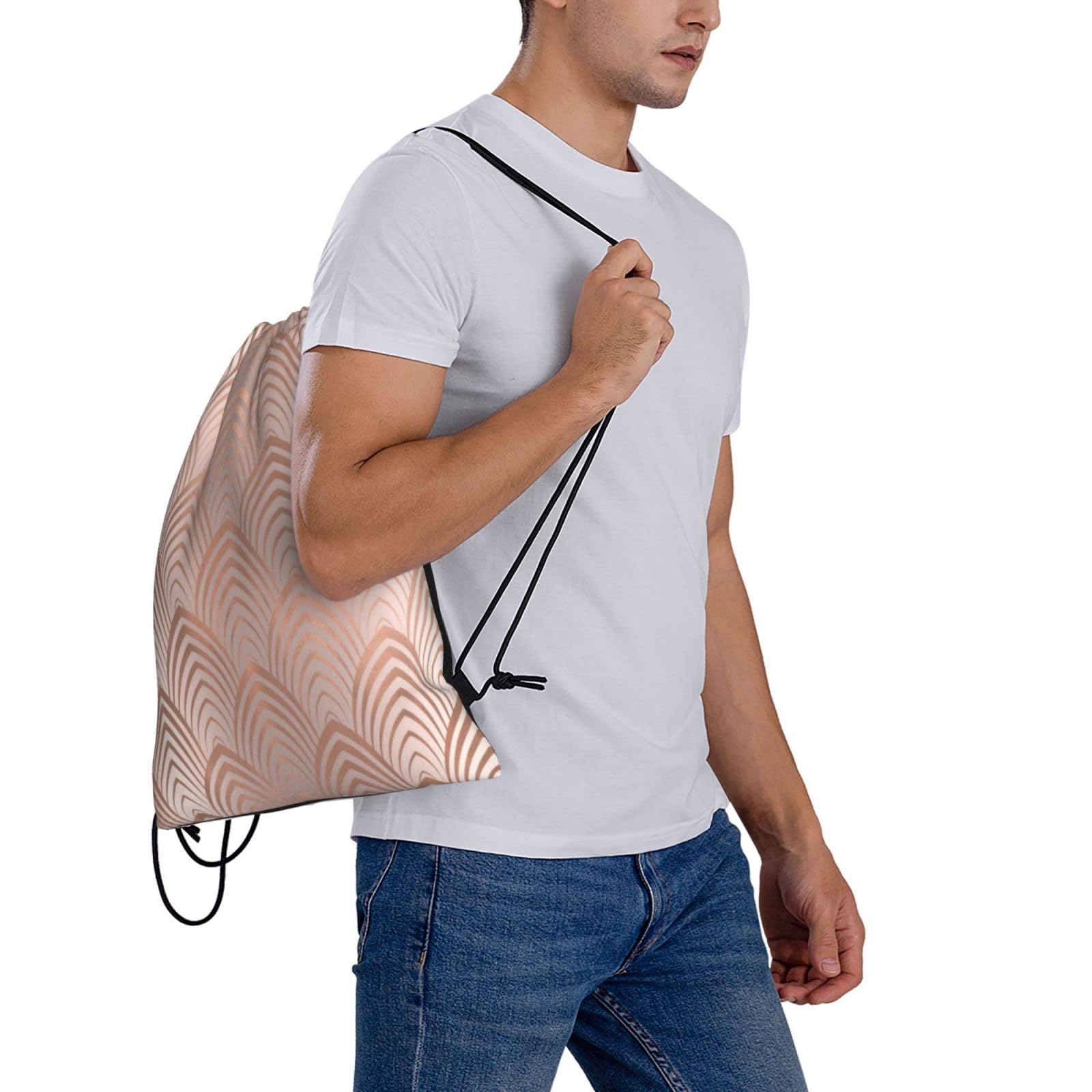 Wykjtwo Art Deco Backpack - Unisex Rope Drawstring Sport Bag in Rose, Copper & Gray with Shell Scale Design | Perfect for Gym, Travel & Casual Outings