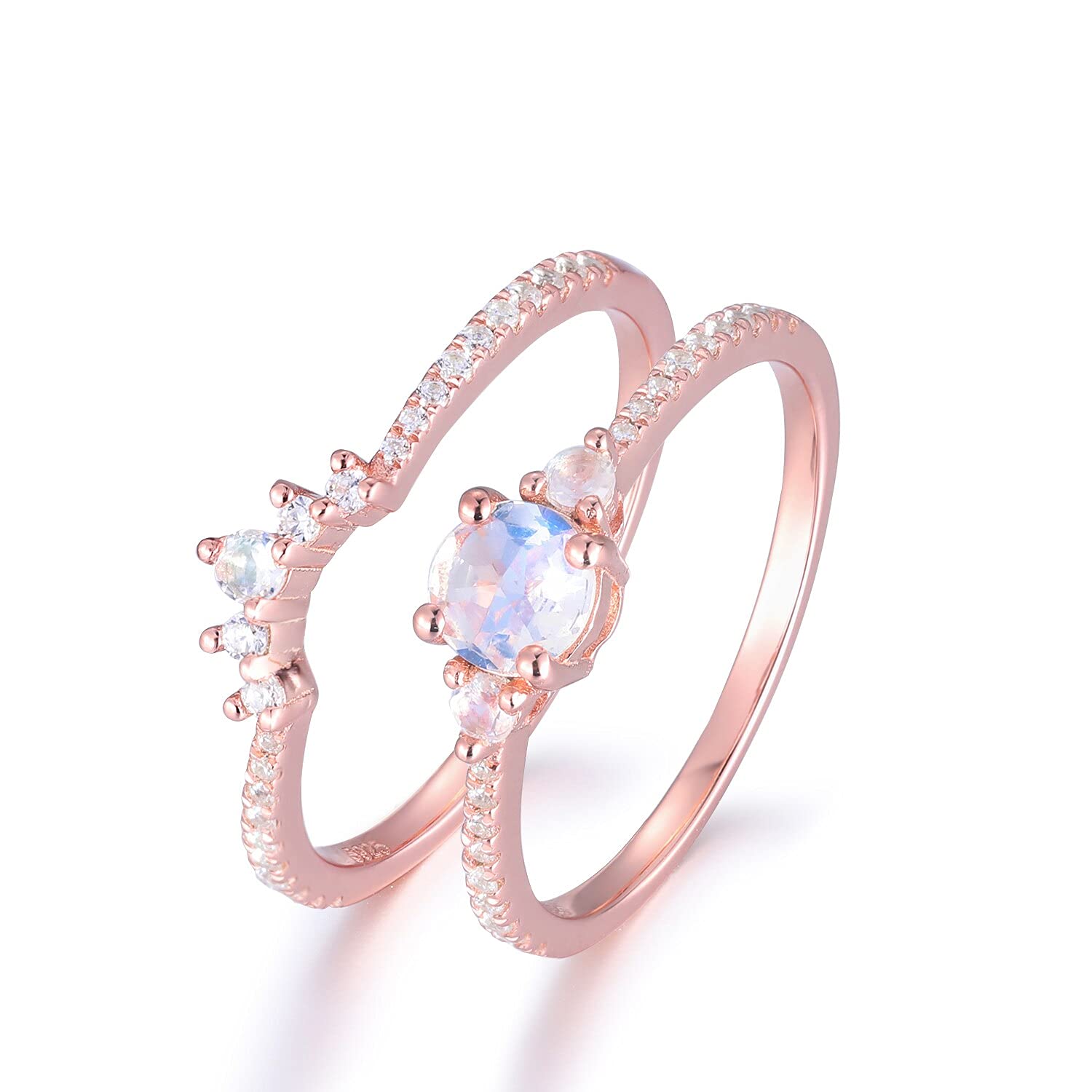 Natural Rainbow Moonstone & CZ Diamond Sterling Silver Rose Gold Engagement Ring Set for Women - Wedding, Bridal, Statement Ring in White & Yellow Gold - Perfect for Proposals, Anniversaries & Special Occasions