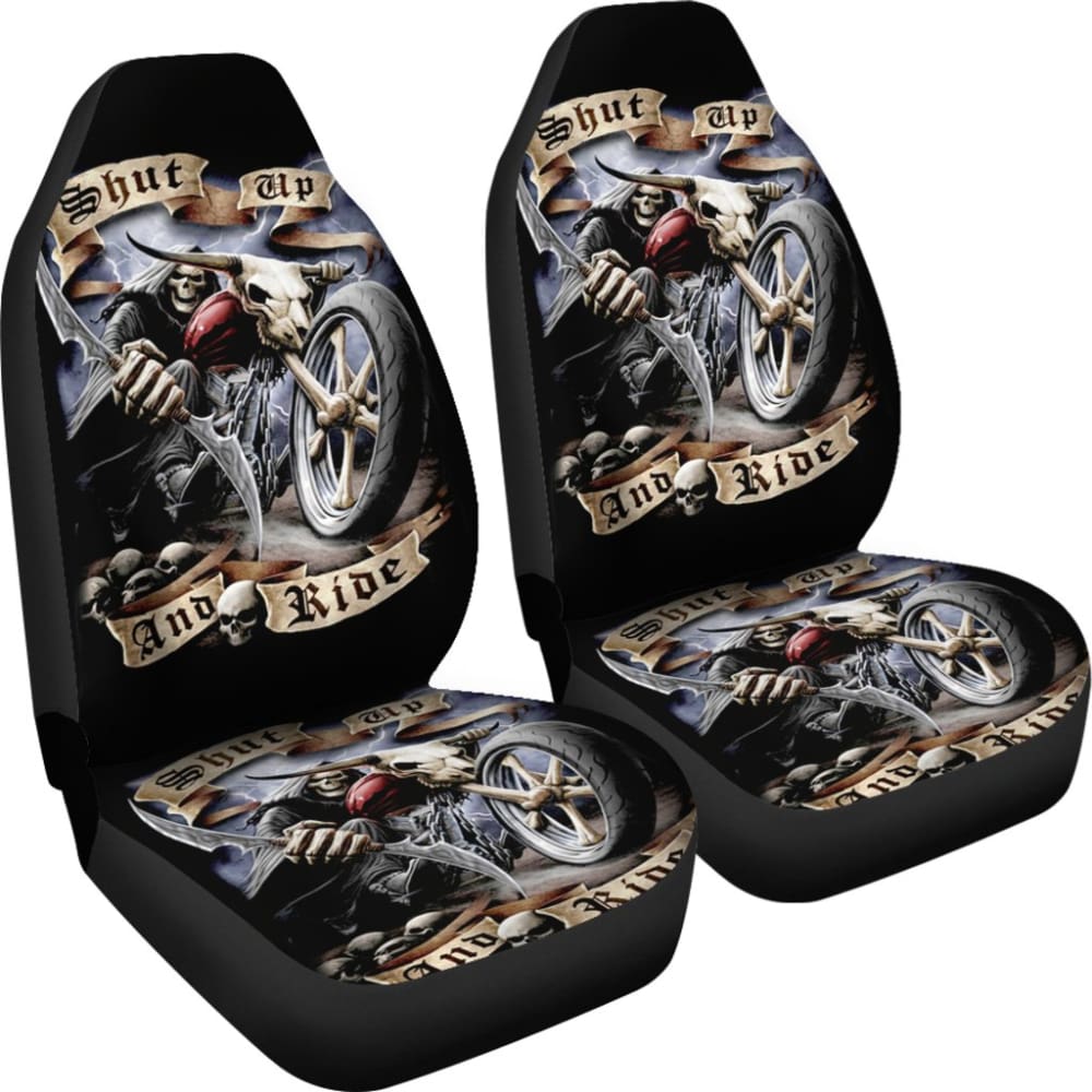 2 Pcs Gothic Skull Car Seat Covers - Universal Fit for Cars, Trucks & SUVs - Black Skull Pattern Auto Accessories for Halloween, Gothic & Punk Style Decor - Perfect for Car Interior Protection & Themed Parties