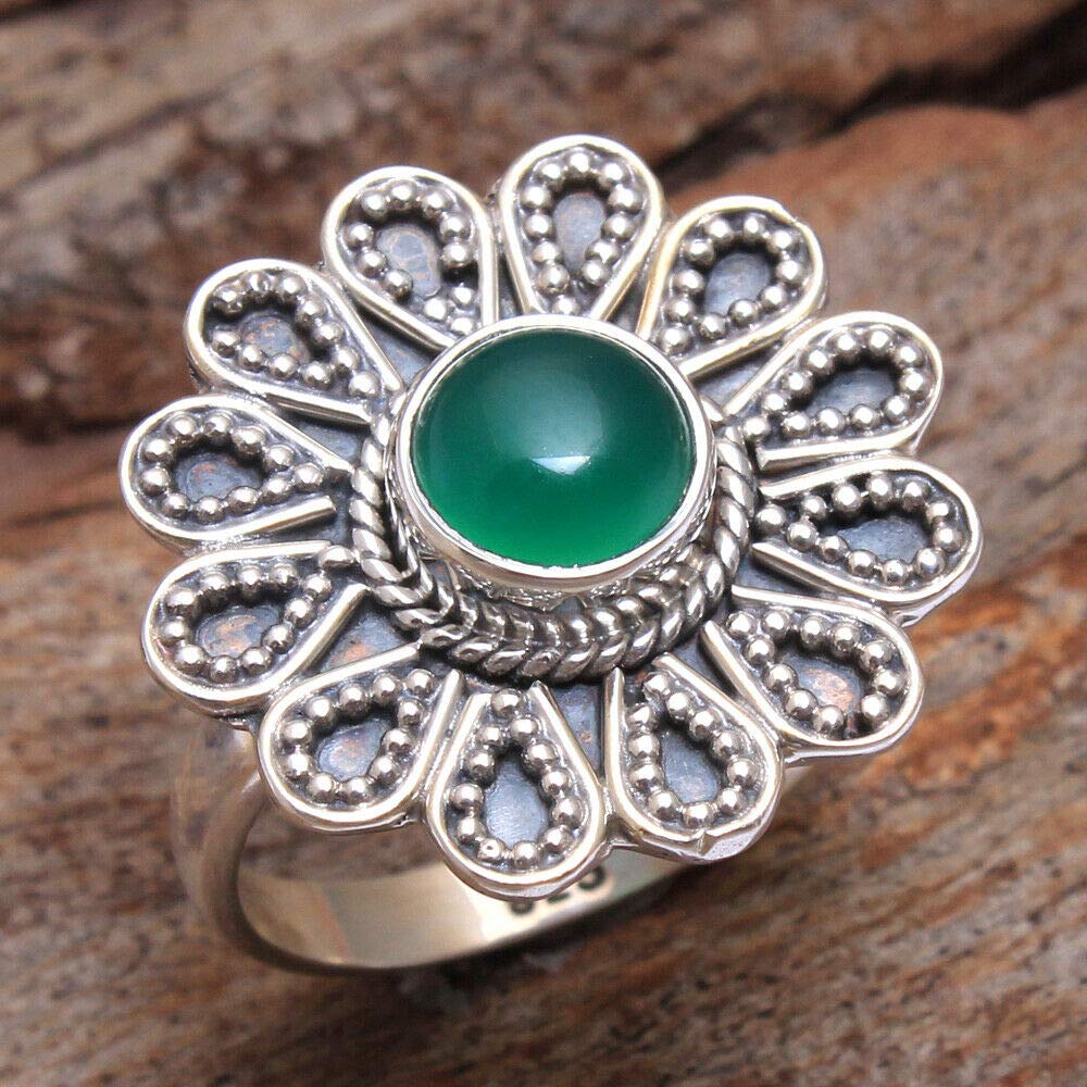 Green Onyx 925 Sterling Silver Rings for Women | Elegant Round Gemstone Bridesmaid Rings | Handmade Filigree Bezel Set Jewelry | Perfect for Weddings, Parties & Gifts