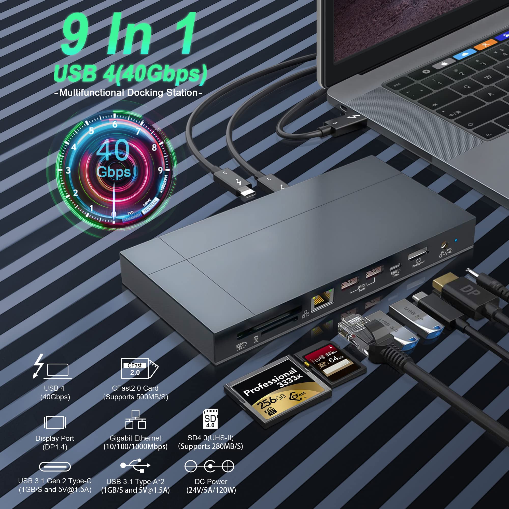 Premium USB C Docking Station for MacBook & PC - 8K Display, 60W PD Charging, UHS-II SD 4.0 & CFast 2.0 Card Reader, USB 3.1 Gen 2, Gigabit Ethernet, USB 4 Compatible (2.3ft Cable Included) - Perfect for Home Office, Gaming & Video Editing