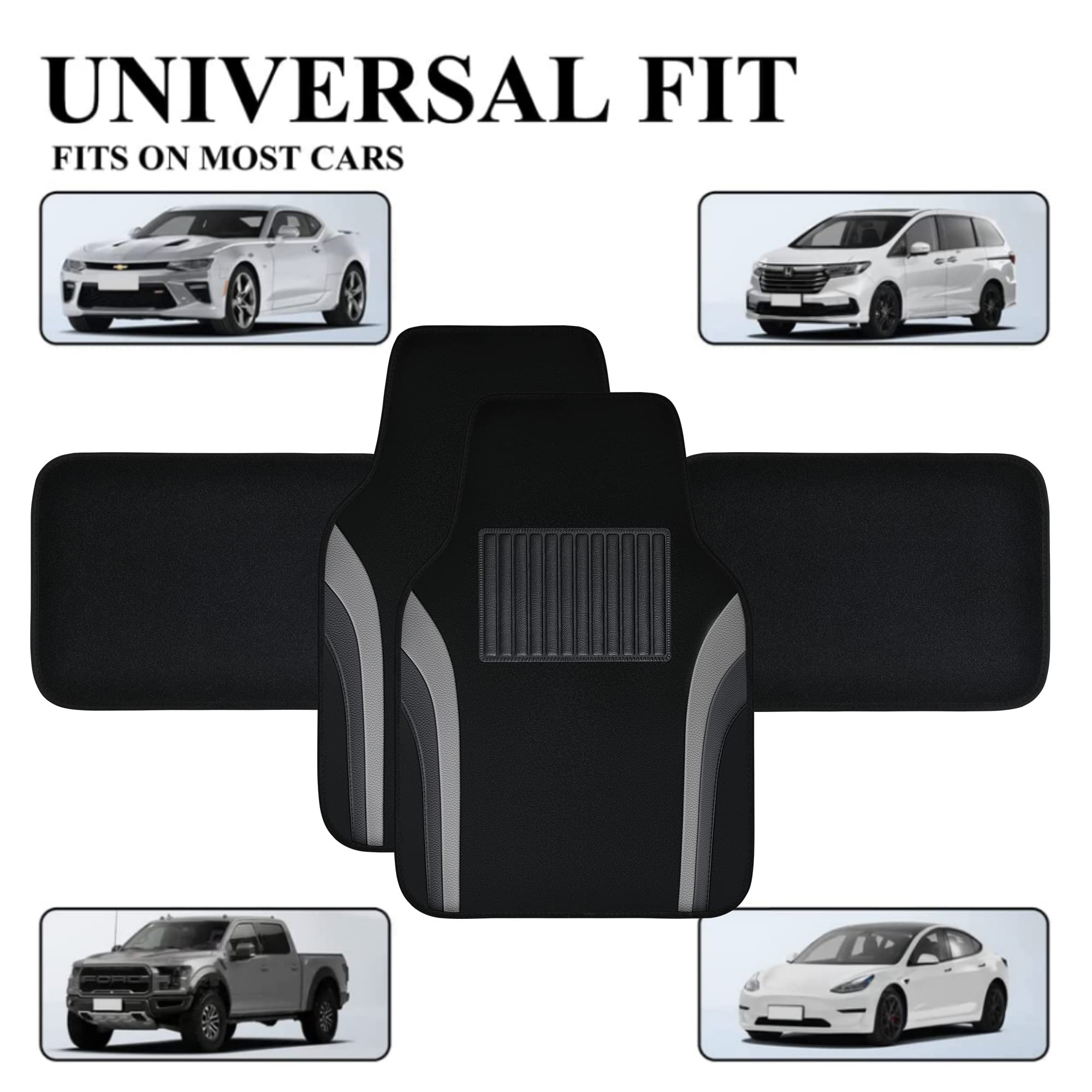 Universal Waterproof Leather Car Floor Mats - Sporty Non-Slip Automotive Floor Liners for Sedans, SUVs, Trucks & Vans (4-Piece Set, Black/Gray) - Perfect for All-Weather Protection & Easy Cleaning