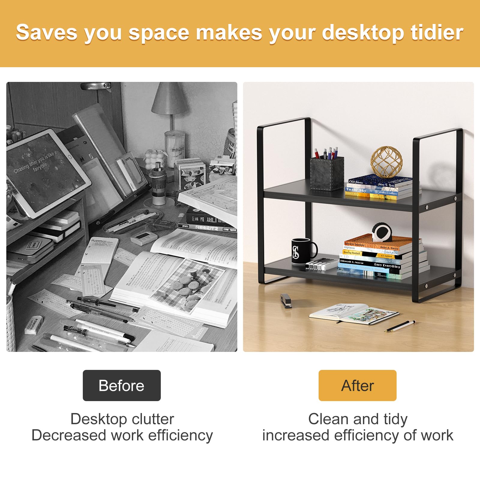 2-Tier Wooden Desk Shelf Organizer - Office Storage Rack for Books, Supplies & Decor | Perfect for Desk, Dresser Top | Ideal for Home, Office & Dorm Organization (Black)