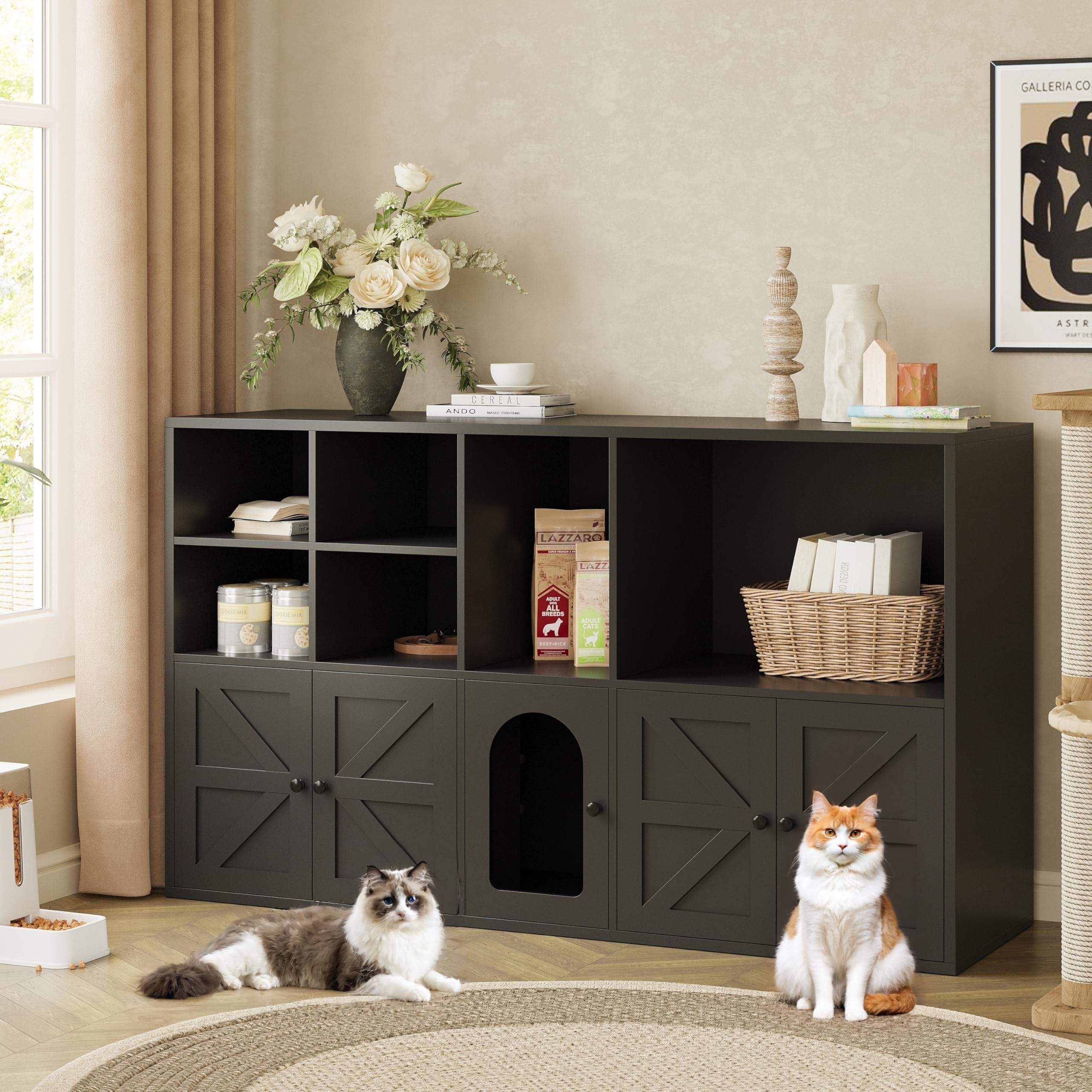 IRONCK Wooden Cat Litter Box Enclosure Furniture for 2 Cats - Double Room Hidden Litter Box with Large Storage Space, Cat Washroom House (Black) - Perfect for Home, Apartment & Multi-Cat Households